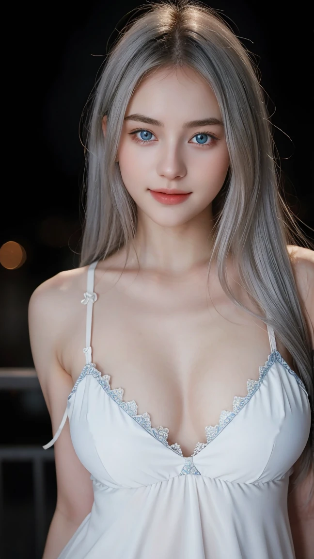 Gorgeus Girl, Beautiful, Baby Face, 20 Years Old, White Skin, Silver hair, white messy long hairstyle, side Sexy Pose :1.5, sexy white nightdress, Blue Eye, Muscles, Bokeh, dark and black Background, dynamic light, low-key lighting style, Masterpiece, Fullbody Shot, attractive, seductive, lovely smile, from above:1.5