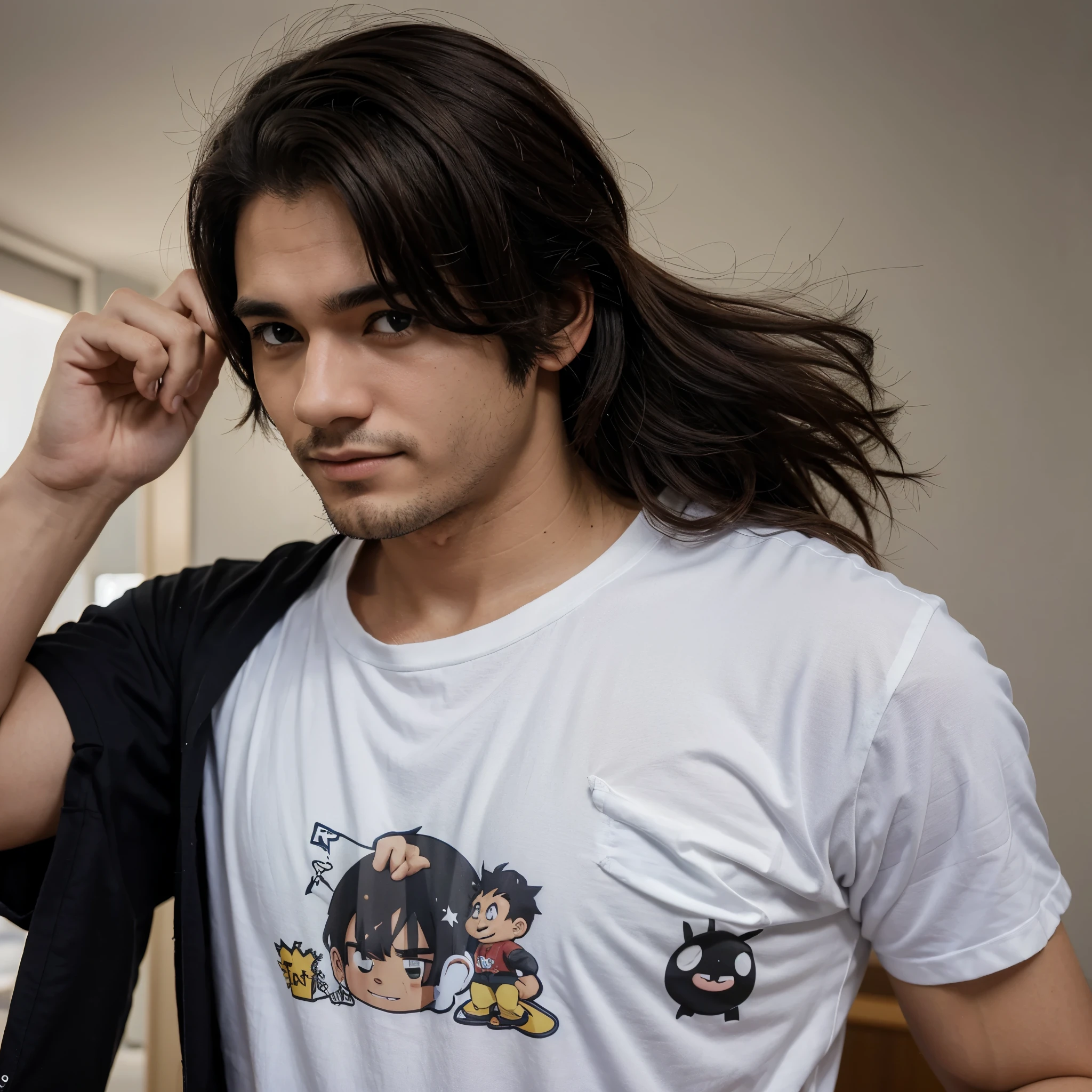 Crie uma imagem de perfil estilo anime 2D Cartoon de um moreno de cabelo curto usando uma blusa preta