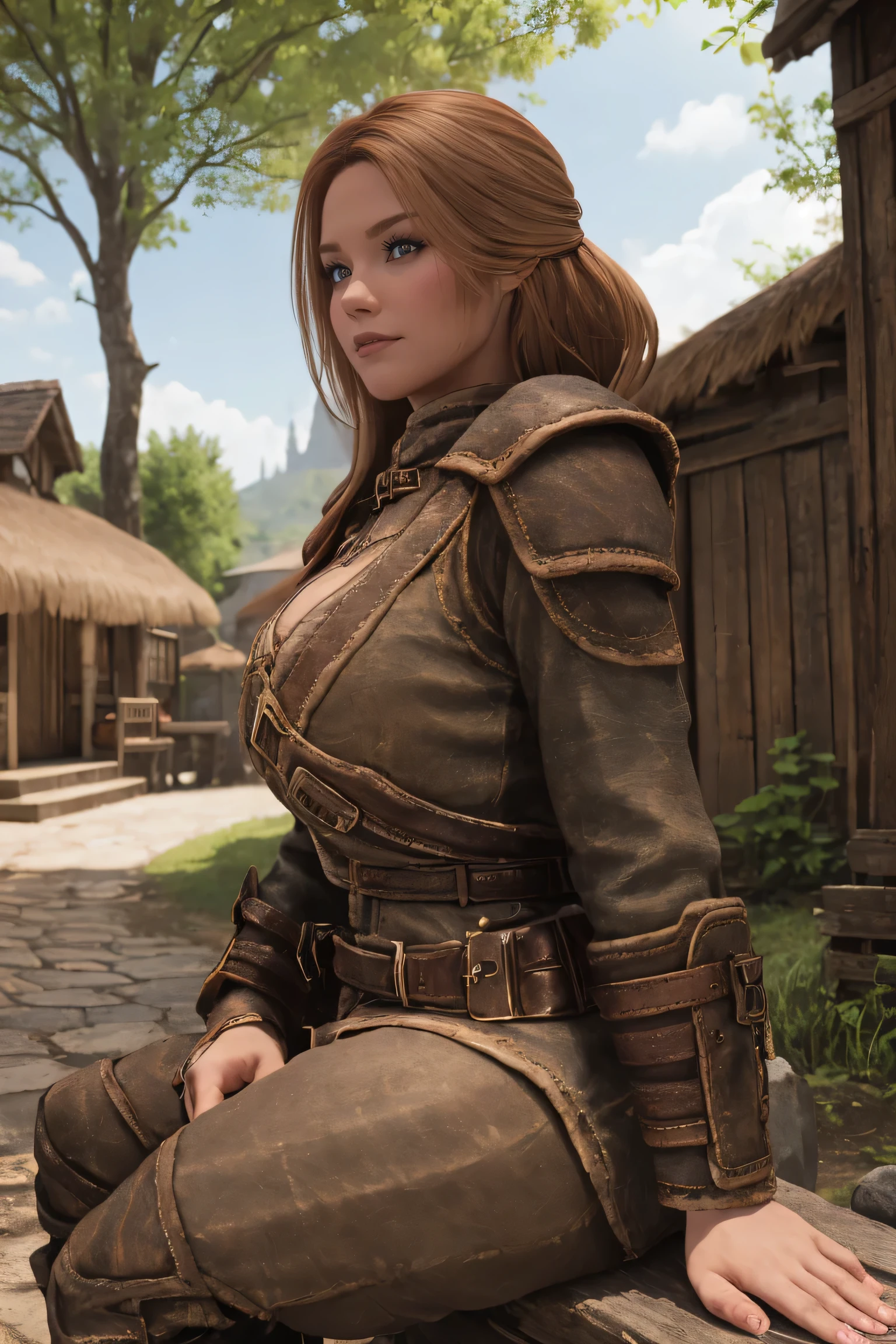 A female Breton beauty sits outdoors in a rustic Skyrim village, surrounded by thatched roofs and lush greenery. The sun casts a warm glow on her porcelain skin as she gazes directly into the camera lens, her piercing blue eyes sparkling with a hint of mischief. Her raven tresses cascade down her back like a waterfall, framing her heart-shaped face. A gentle smile plays on her lips, inviting the viewer to step into her whimsical world.