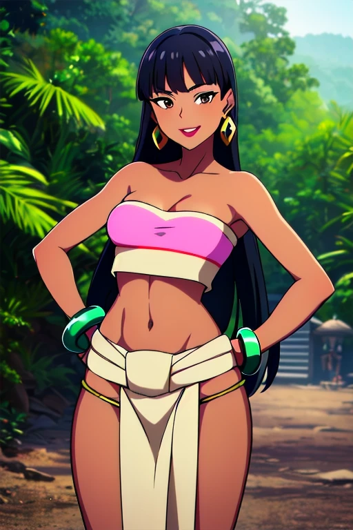 (masterpiece, best quality:1.3), 1girl, solo, chel_eldorado, black hair, long hair, blunt bangs, brown eyes, dark skin, lipstick, (Wearing: tube top, loincloth, emerald bracelet's and golden earrings:1.2), collarbone, bare shoulders, medium breasts, cleavage, midriff, wide hips, (Background: Outdoors, view of the rainforest, Inca temples in the surroundings), detailed background, detailed face, detailed eyes, hands on hips, looking at viewer, she's looking at the camera with a flirtatious smile
