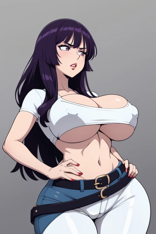 20 year old woman, busty, bubble butt, hourglass figure, skinny, blushing, tired expression, horny, exhausted, long hair, purple hair, wavy hair, wearing belt, white latex crop top, white latex pants, cleavage, tight fitting clothing, underboob, gray background, anime, flat colors, dynamic pose, hands on chest, heavy make up, kissable lips, red lipstick, low camera angle, seen from below, dynamic camera angle