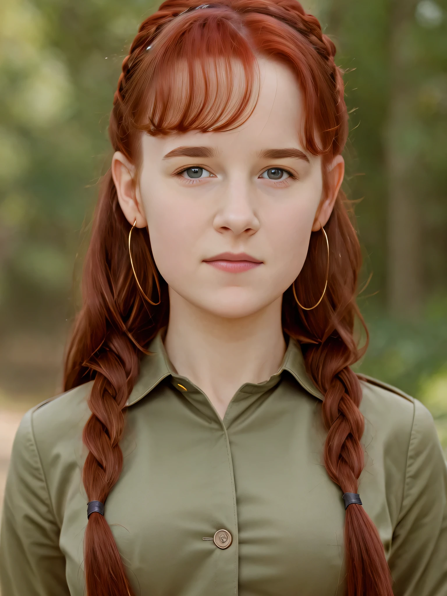 (best quality,4k,8k,highres,masterpiece:1.2),ultra-detailed,(realistic,photorealistic,photo-realistic:1.37), ((deutschland, mittelalter, nebliger bergwald, a young German school girl, she wears uniform, solo, shy)), ((unusually large bust size for her young age)), ((big breasts)), she wears small beret, she wears no bra, braided red hair, pale skin, full body, lifting skirt
