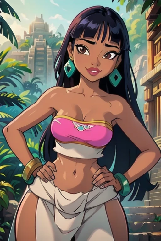 1girl,solo,loincloth,bandeau,chel \(the road to el dorado\),dark-skinned female, black hair, long hair, (Wearing: tube top, loincloth, emerald bracelet's and golden earrings:1.2), collarbone, bare shoulders, medium breasts, cleavage, midriff, wide hips, upper body, hands on hips, looking at viewer, she's looking at the camera with a flirtatious smile