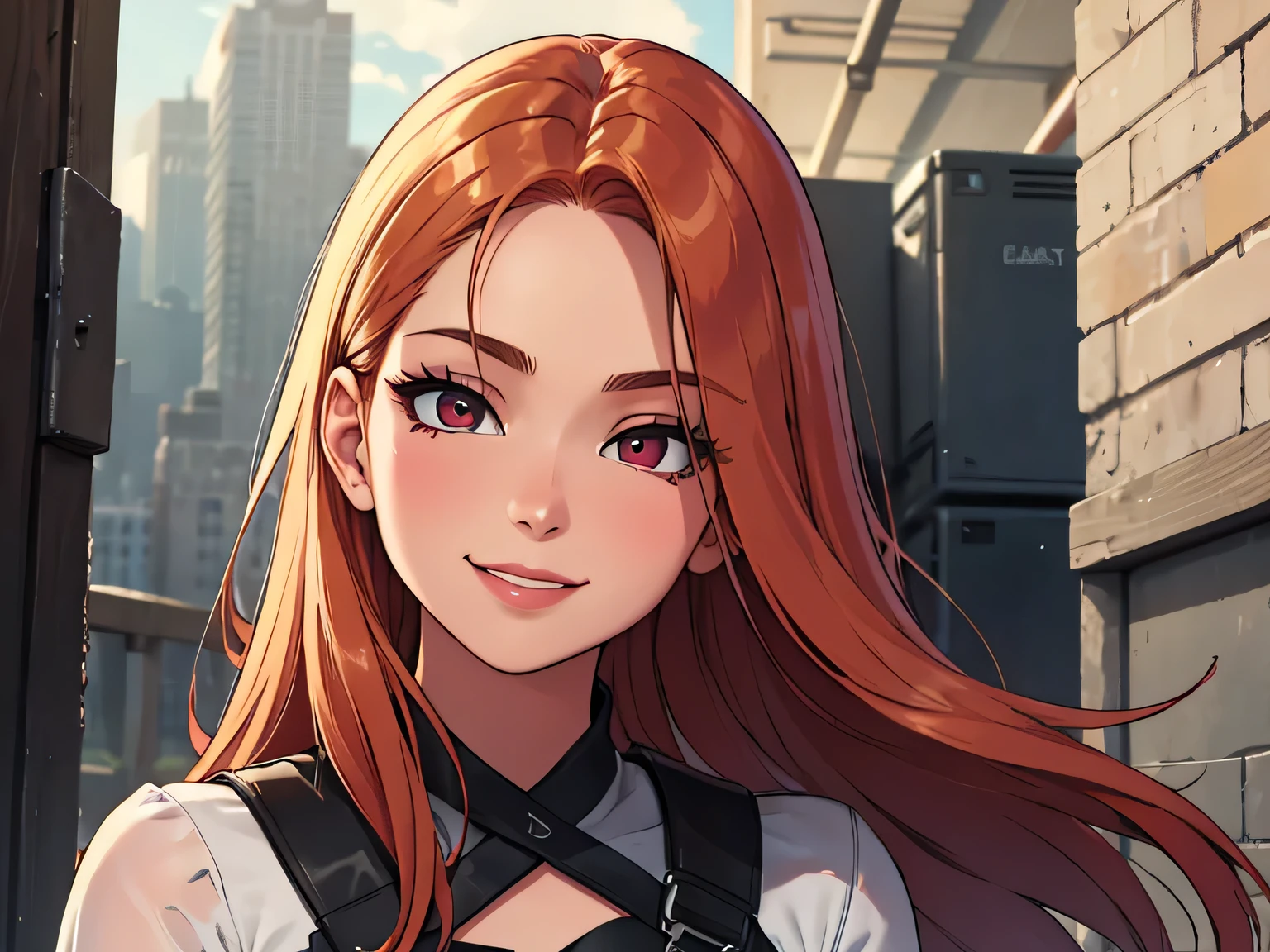 ((best quality)), ((masterpiece)), (detailed), perfect face, asian girl, red hair, red eyes, smiling