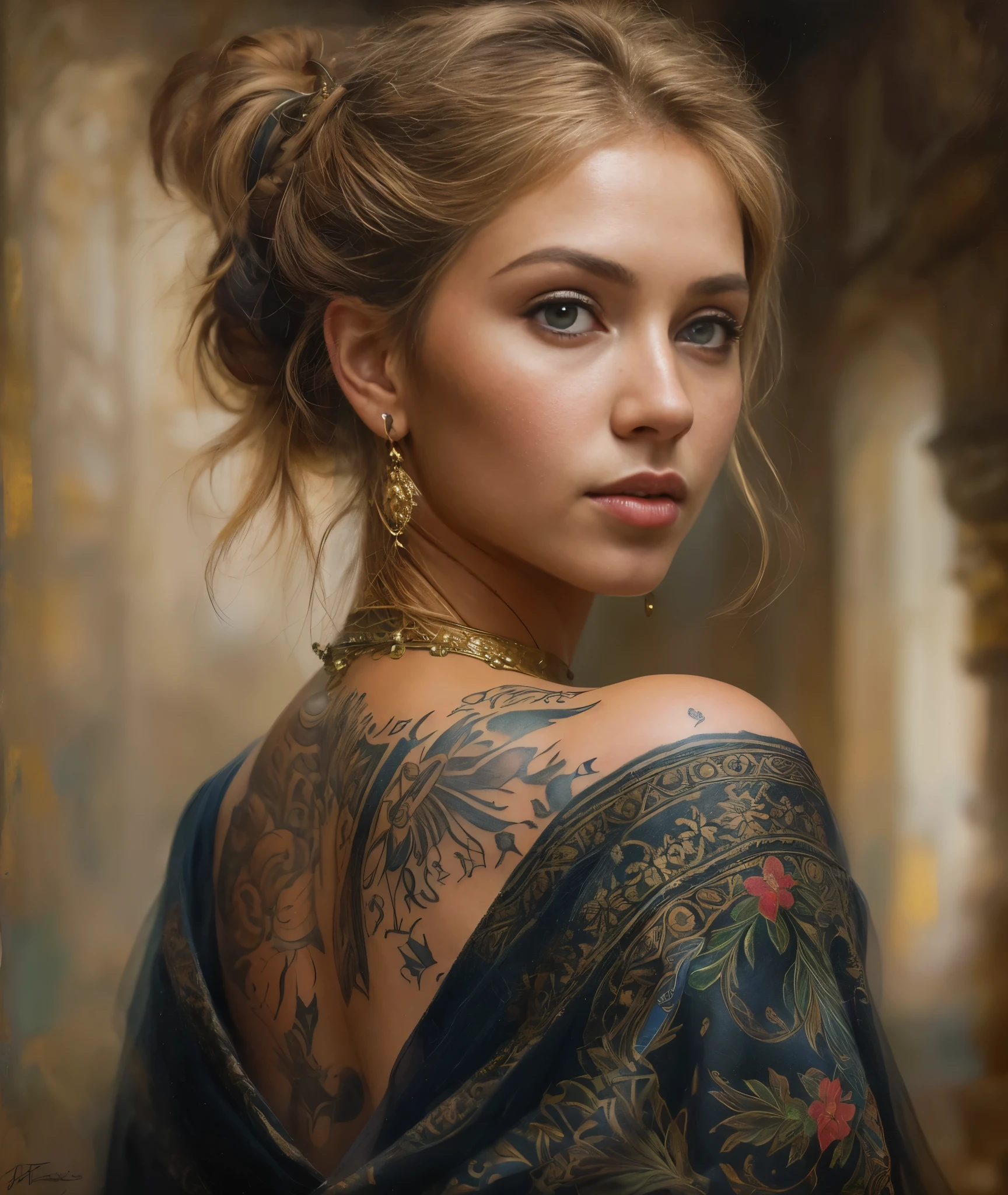 Masterpiece, upper body portrait, girl, tattoos, middle ages, traditional clothing, classicism, andrey atroshenko style, painting, traditional media, realistic, figurative, fine art, oil on canvas, HDR, 8K, original character, high resolution, high detail, focus on the face, intricate, flawless