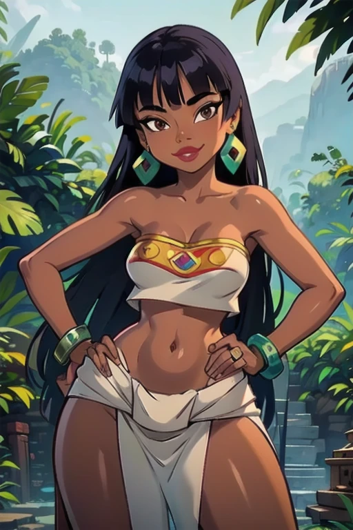 1girl, solo, breasts, dark_skin, dark-skinned_female, straight_hair, black_hair, shiny, shiny_hair, lips, parted_lips, brown_eyes, large_breasts, eyelashes, blue_lips, lipstick, very_long_hair, big, mole, mole on chest, curvy, soft body, cute, full body, prehispanic temple, smile, prehispanic clothes