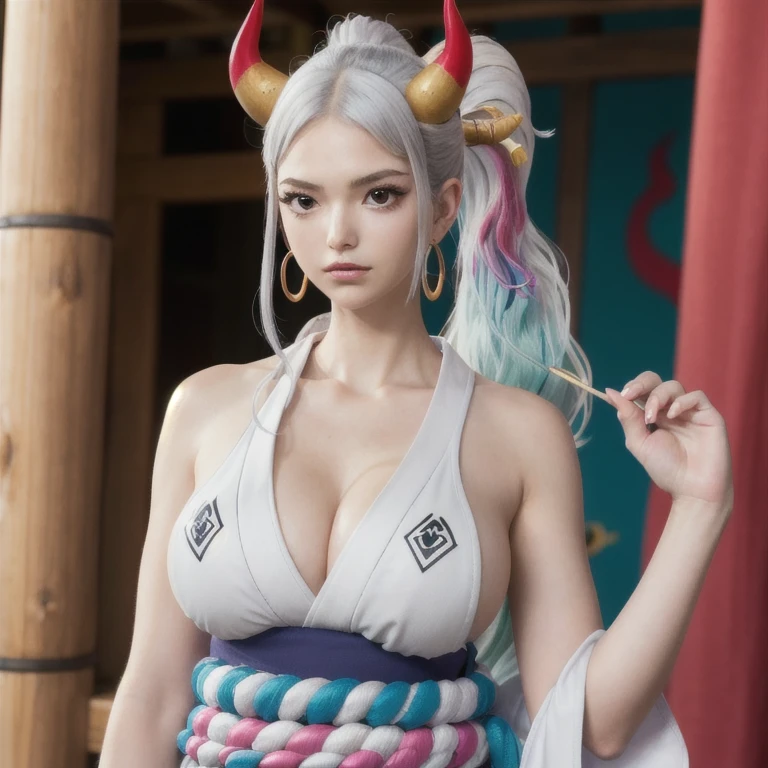 best quality,masterpiece,8k wallpaper,absurdres, highres, ultra detailed, (1 young beautiful girl, solo:1.1),yamato (one piece), huge breasts,sideboob, horns, shimenawa,japanese clothes, rope, multicolored horns, multicolored hair, long hair, sleeveless kimono,curled horns, hair stick, earrings, red horns, hair ornament, jewelry,bare arms, kimono, sleeveless,oni,bare shoulders, large breasts, brown eyes, white hair, aqua hair, collarbone, hakama, two-tone hair, sidelocks, high ponytail, upper body, v-shaped eyebrows,