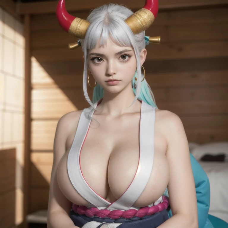 best quality,masterpiece,8k wallpaper,absurdres, highres, ultra detailed, (ung beautiful girl, solo:1.1),yamato (one piece), huge breasts,sideboob, horns, shimenawa,japanese clothes, rope, multicolored horns, multicolored hair, long hair, sleeveless kimono,curled horns, hair stick, earrings, red horns, hair ornament, jewelry,bare arms, kimono, sleeveless,oni,bare shoulders, large breasts, brown eyes, white hair, aqua hair, collarbone, hakama, two-tone hair, sidelocks, high ponytail, upper body, v-shaped eyebrows,
