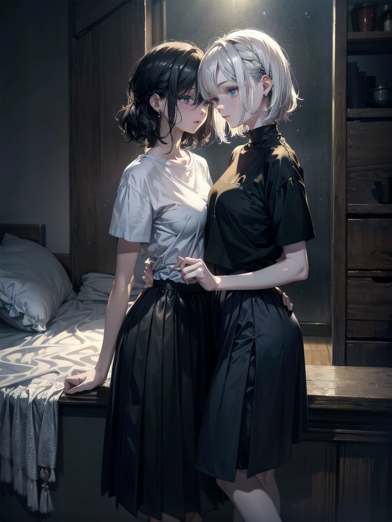 absurdres, RAW photo, extremely delicate and beautiful, masterpiece, Best Quality, ultra high resolution, 32k, hyperrealistic, ultra-detailed, detailed description, pale skin, 20 years old, detailed beautiful face and eyes, tearful mole, earring, short medium hair, wavy hair, whole body shot, big tits, tight skirt, cropped T-shirt, ((yuri, 2 girls)),