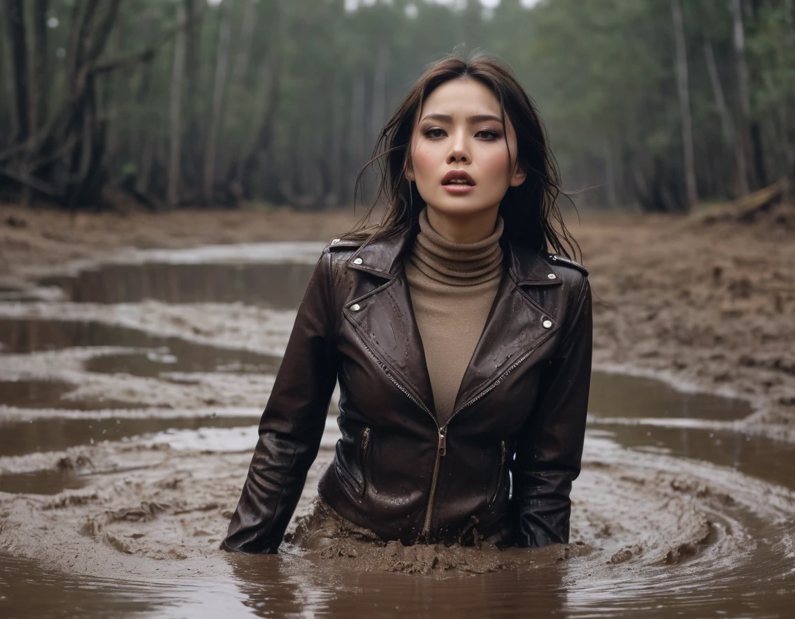 8k, ultra-detailed, grainy film photo, masterpiece,muted colors, muffled light, dark dusk:1.1, rainy, moody:1.1, dark noir:1.2, soaking wet, brown sweat turtleneck,:1.3 faded dirty leather jacket,  pulls herself down,  pencil skirt, looking towards, gloomy orgasm expression,,woman drowning in forest mud bog, beautiful long brunette hair, depraved outfit,asian:0.5fetishistic makeup,beige, brown, red, from side view