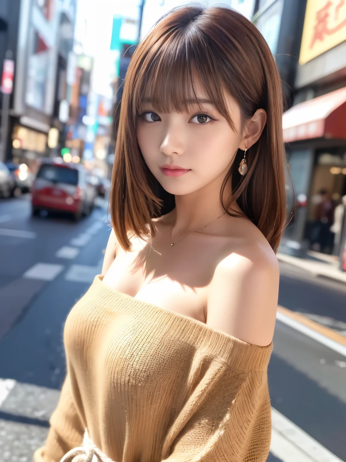 Ultra High Definition, Superior Quality, Premier Quality, ultra detailed, Photorealistic, 8k, RAW Photos, highest quality, masterpiece, Attractive girl, Stunning girl, Brown Hair, Shoulder Length Layered, asymmetrical bangs, Japanese Idol, Sophisticated, Stylish, off-shoulder top, Shibuya, 