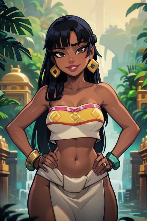 (masterpiece, best quality:1.3), 1girl, solo, chel_eldorado, black hair, long hair, blunt bangs, brown eyes, dark skin, lipstick, (Wearing: tube top, loincloth, emerald bracelet's and golden earrings:1.2), collarbone, bare shoulders, medium breasts, cleavage, midriff, wide hips, (Background: Outdoors, view of the rainforest, Inca temples in the surroundings), detailed background, detailed face, detailed eyes, hands on hips, looking at viewer, she's looking at the camera with a flirtatious smile