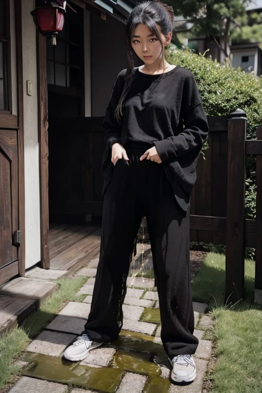 Japanese Girl sees the ghost and pees her black palazzo pants until her pants are wet in fright.