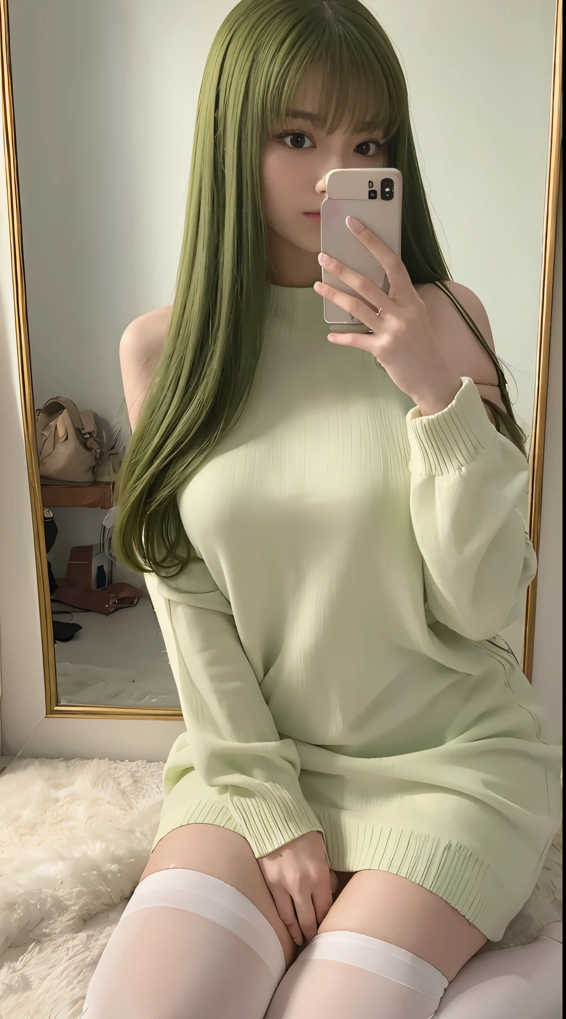 super high quality masterpiece 8K Ultra-detailed Face Selfie Green haired beauty highest quality masterpiece 8K Ultra-detailed Face Shoulder-length hair White knit dress White summer sweater Thighs Selfie Mirror photo Reflected in the mirror Knee-high socks