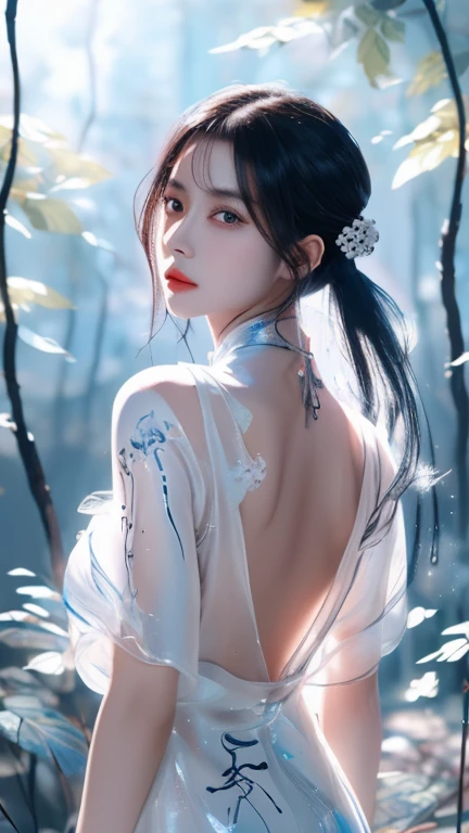 (((masterpiece))),(((best quality))),((ultra-detailed)), ((illustration)),floating, ((an extremely delicate and beautiful)),(beautiful detailed eyes), (painting),(sketch),((neck)),(((back))),(looking back), blush,dhalter dress, backless dress ,hyper detailed,eyes,(black hair),upper body, (((Clear face))),((Clear eyes)), bangs, serious face, (((Chinese cloth,ornament))),{Ink painting style},{Ancient Chinese style},very long hair,disheveled hair,messy_hair,white hair,flowing hair,wind,glowing eyes,cinematic lighting,everything floating,Extremely gorgeous,legend,epic,feather, leaves, nature, (sunlight), river, (forest),(painting),(sketch),((**li:1.3)),{petite},{cute face},((flat chested)),(Sketch),(laurel crown ),(((beautiful detailed sky,smooth))),(soft),((beautiful detailed eyes and face)),(neck ring),(necklace),(pendant),((white dress)),(detailed light),(beautiful detailed eyes),shinelight ),(lighting particle),(colorful),((((Chinese ink painting))), ((((Ink dyeing)))),