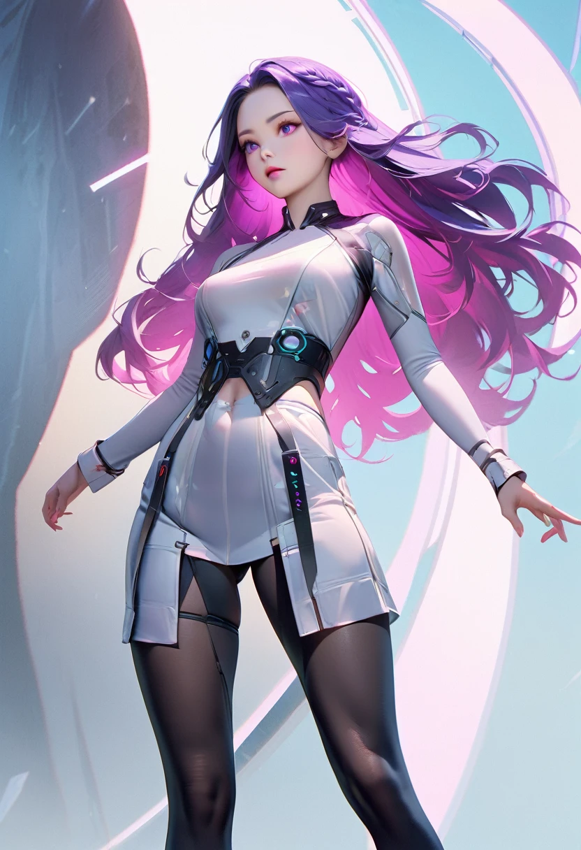 Best quality,Ultra-detailed,Ultra-realistic,Futuristic costume design,Design implies flexibility,Monochromatic color scheme emanates tranquility,Surface reflects light softly,Minimalism,Simple and powerful feminine beauty,modernism,Feminine Elements in Visual Arts,先进技术与自然的Fusion,Photorealistic rendering,2 girls, Staring at each other, yinji,Purple Hair,Purple Eyes,Long hair,White hair,(Double Braid),Gradient hair,Cyberpunk Kimono,(White lace), translucent,Smooth fabric,Low-rise black leggings,chiffon,Kimono top,Monochromatic color palette,Smooth lines,Futuristic decoration,high-tech accessories,Minimalism设计,Fusion,Bold and simple,Serene expression,Cybernetic enhancement,Striking elegance,(Droopy eyes,Pale eyebrows:1.3),Well-defined facial lines,Highlighting her radiant fair skin,(In concrete,Realistic black shadows v,realistic lightning:1.3),Incredibly slim waist,Exudes sculptural beauty,Looking at the audience,