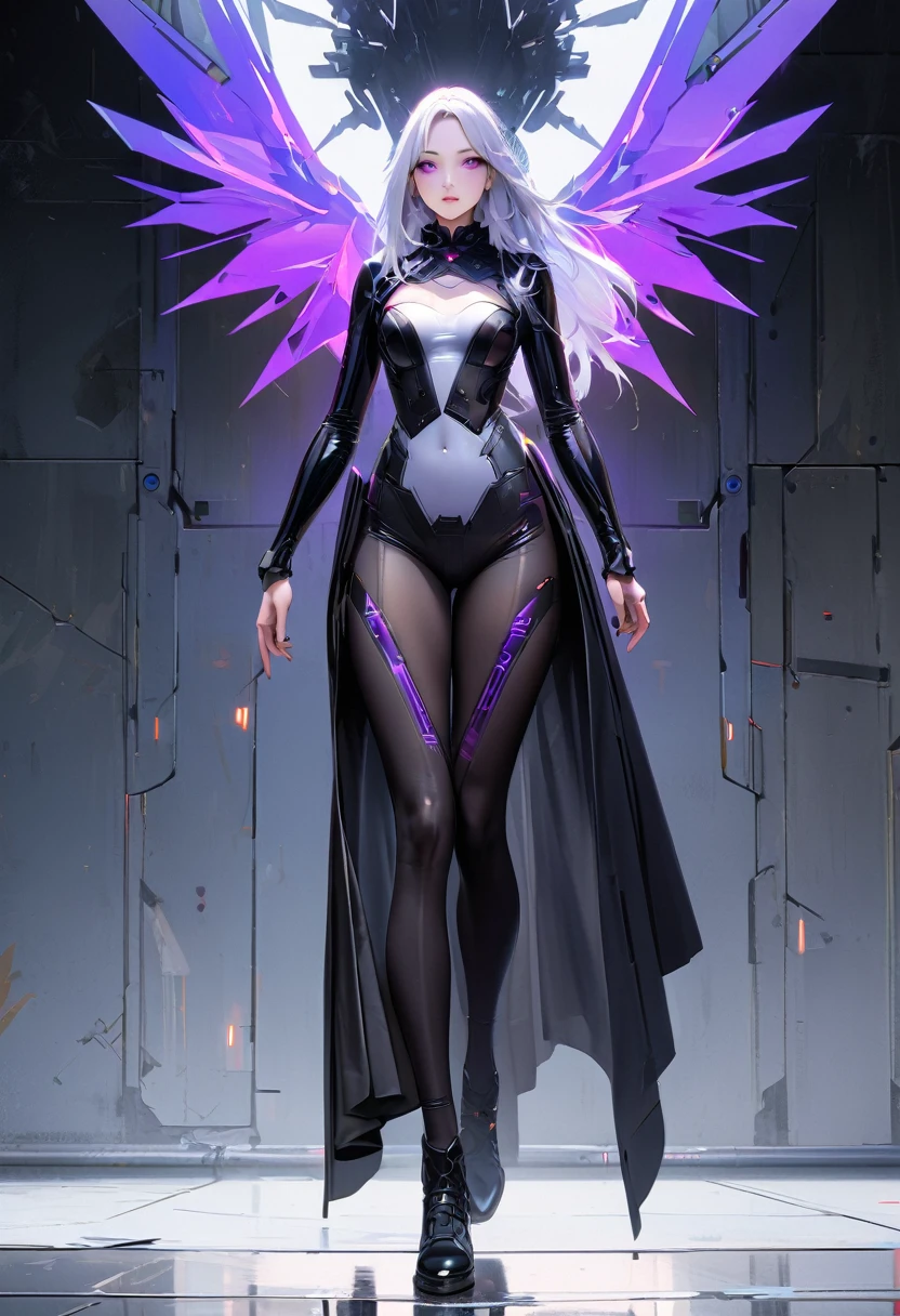Best quality,Ultra-detailed,Ultra-realistic,Futuristic costume design,Design implies flexibility,Monochromatic color scheme emanates tranquility,Surface reflects light softly,Minimalism,Simple and powerful feminine beauty,modernism,Feminine Elements in Visual Arts,先进技术与自然的Fusion,Photorealistic rendering,2 girls, Staring at each other, yinji,Purple Hair,Purple Eyes,Long hair,White hair,(Double Braid),Gradient hair,Cyberpunk Kimono,(White lace), translucent,Smooth fabric,Low-rise black leggings,chiffon,Kimono top,Monochromatic color palette,Smooth lines,Futuristic decoration,high-tech accessories,Minimalism设计,Fusion,Bold and simple,Serene expression,Cybernetic enhancement,Striking elegance,(Droopy eyes,Pale eyebrows:1.3),Well-defined facial lines,Highlighting her radiant fair skin,(In concrete,Realistic black shadows v,realistic lightning:1.3),Incredibly slim waist,Exudes sculptural beauty,Looking at the audience,