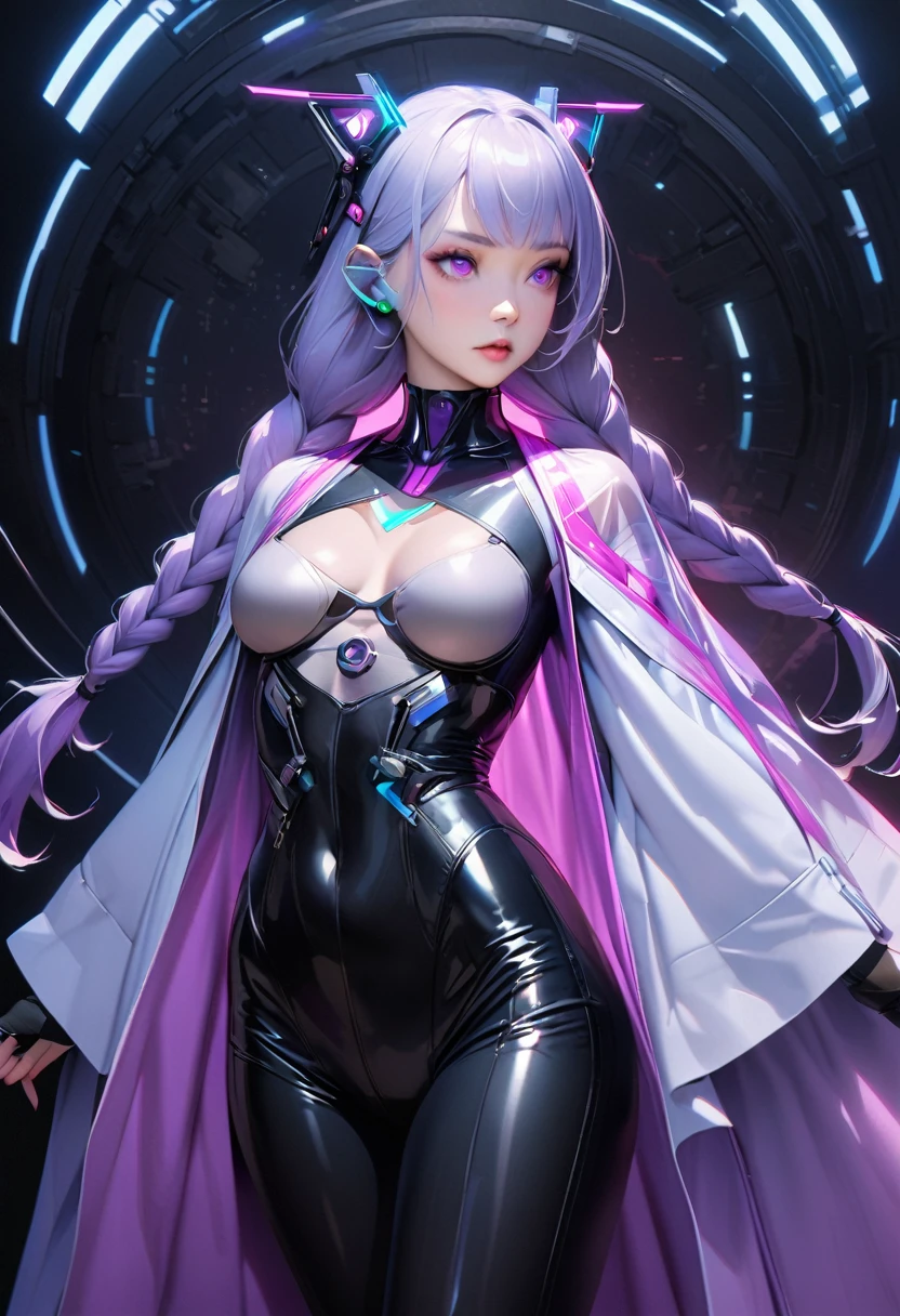 Best quality，Ultra-detailed，Ultra-realistic，Futuristic costume design，Design implies flexibility，Monochromatic color scheme emanates tranquility，Surface reflects light softly，Minimalism，Simple and powerful feminine beauty，modernism，Feminine Elements in Visual Arts，先进技术与自然的Fusion，Photorealistic rendering，2 girls, Staring at each other, yinji，Purple Hair，Purple Eyes，Long hair，White hair，(Double Braid)，Gradient hair，Cyberpunk Kimono，(White lace), translucent，Smooth fabric，Low-rise black leggings，chiffon，Kimono top，Monochromatic color palette，Smooth lines，Futuristic decoration，high-tech accessories，Minimalism设计，Fusion，Bold and simple，Serene expression，Cybernetic enhancement，Striking elegance,（Droopy eyes，Pale eyebrows：1.3），Well-defined facial lines，Highlighting her radiant fair skin，（In concrete，Realistic black shadows v，realistic lightning：1.3），Incredibly slim waist，Exudes sculptural beauty，Looking at the audience，