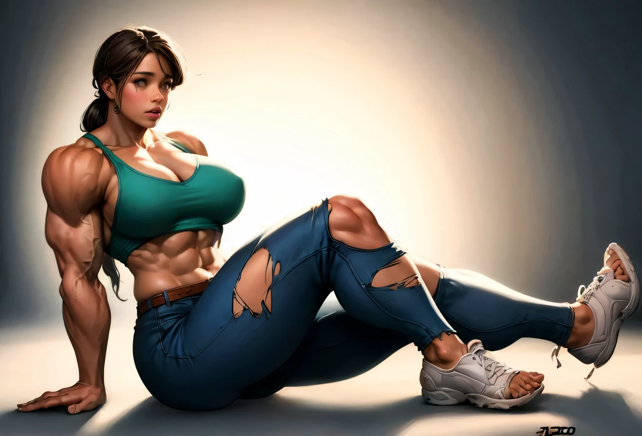 human,artstyle, best quality,illustration,1 girl, female, torn clothes, ,beautiful,,biceps,pecs, 2000s (style),muscular female, alternate muscle size,camisole,muscular,shocked,huge muscle, torn shoes,