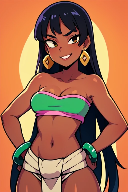 1girl,solo,loincloth,bandeau,chel \(the road to el dorado\),dark-skinned female, black hair, long hair, (Wearing: tube top, loincloth, emerald bracelet's and golden earrings:1.2), collarbone, bare shoulders, medium breasts, cleavage, midriff, wide hips, upper body, hands on hips, looking at viewer, she's looking at the camera with a flirtatious smile
