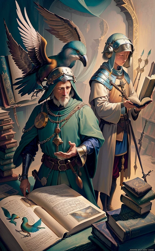 there are a lot of birds around the book, science fantasy painting, fantasy book illustration, high fantasy illustration, Hieronymus Bosch style, Hieronymus Bosch style, Hieronymus Bosch and Moebius, Illustration of a medieval manuscript, Bosch's heir, Alchemical, Medieval Futurism, Medieval illumination, Medieval Book Illustration, Medieval illustration, Alchemical equipment, Jean Fouquet