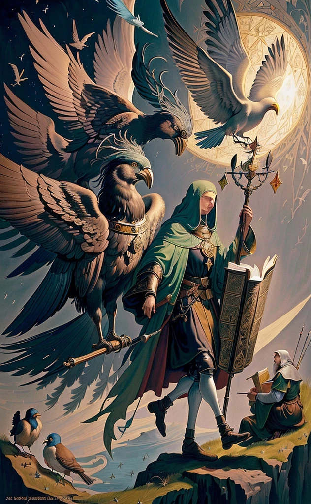 there are a lot of birds around the book, science fantasy painting, fantasy book illustration, high fantasy illustration, Hieronymus Bosch style, Hieronymus Bosch style, Hieronymus Bosch and Moebius, Illustration of a medieval manuscript, Bosch's heir, Alchemical, Medieval Futurism, Medieval illumination, Medieval Book Illustration, Medieval illustration, Alchemical equipment, Jean Fouquet