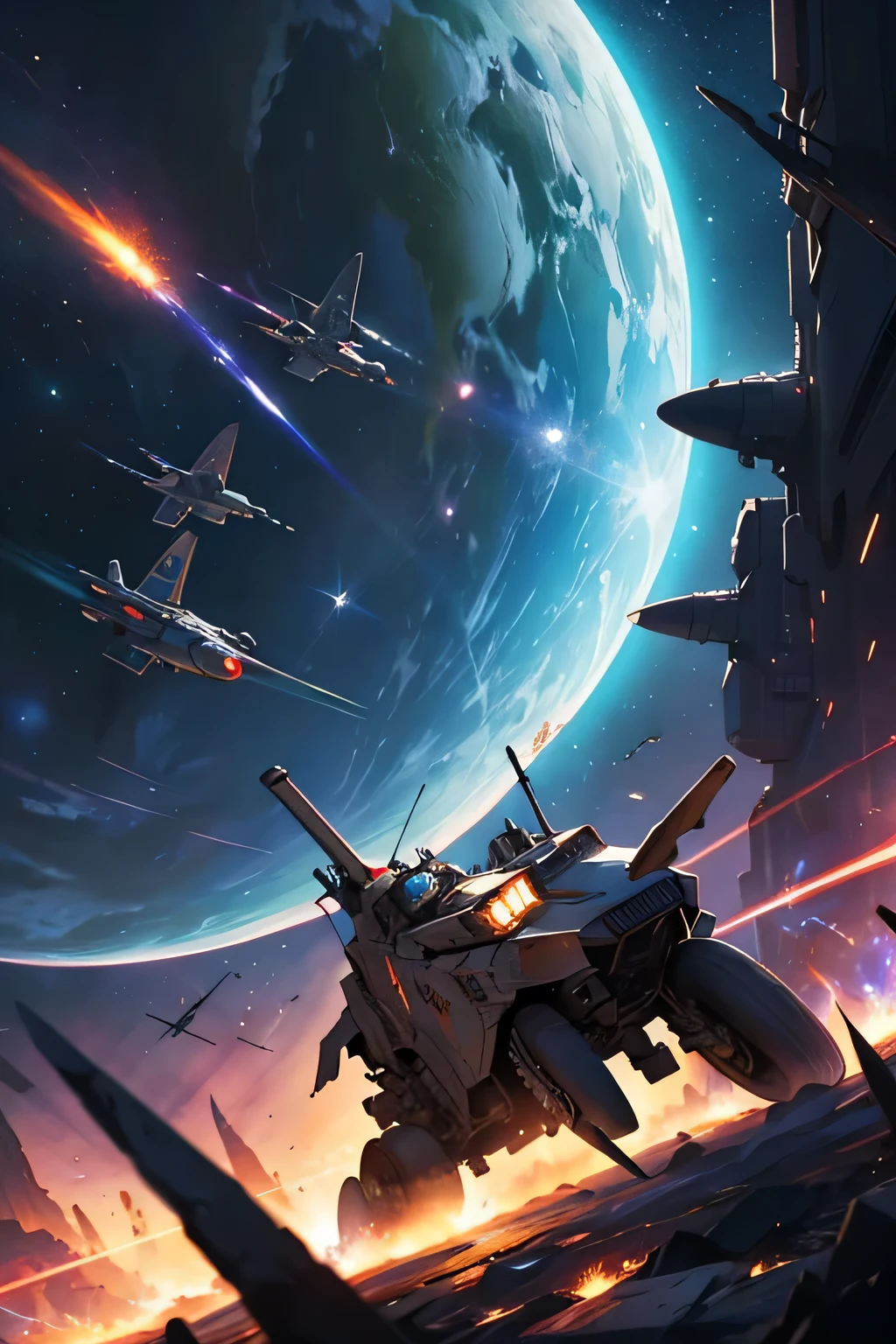 Endless space、Many spaceships are engaged in fierce battles.。A mix of battleships and small fighter planes.、Laser beams and missiles fly around, and explosions follow.々occurs。Floating debris from a destroyed spaceship、The fireball engine lights up the dark universe。Distant planets and nebulae in the background、Countless stars are shining。In the chaotic battlefield、Sparks、The shock wave spreads。Leaving a trail of colorful light、The fighter planes raced、The sounds of collisions and explosions are visually conveyed as if they were echoing in the silent universe.。No people。Overall picture。explosion