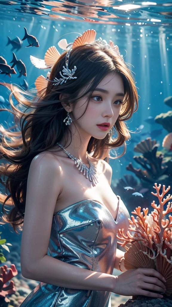 (RAW shooting, 32k:1.5, highest quality, masterpiece, Ultra-high resolution), (deep sea:1.0, Dramatic moonlight:0.7, Mysterious underwater world:1.3, Expressions of sadness:1.0), Side Shot, Fractal Art:1.3, Perfect dynamic composition:1.3, Very detailedな肌と顔の質感:1.2, Dynamic flow of water waves:1.3, Beautiful shell and coral decoration, Surrounded by lots of colorful fish, Rich underwater vegetation, (The subject is being viewed from a distance:1.3, Slim mermaid figure:1.0, Shimmering Scales, Mermaid tail:0.5), elegant and sophisticated, Fair skin, Incredibly slim body:0.8, Very beautiful face, Water droplets on the skin, Very accurate, Very detailed, Gorgeous blue shiny mermaid dress portrait:0.8, Big eyes that exude beauty, Beautiful big lips,, Unreal atmosphere, necklace, Earrings, bracelet