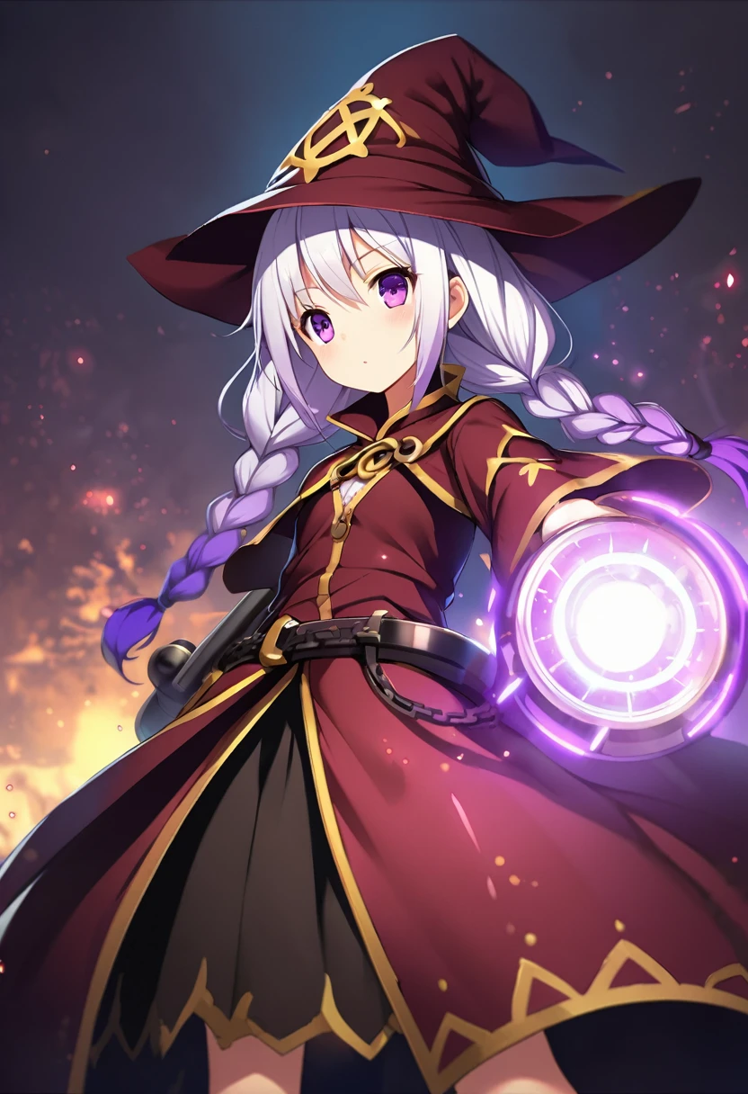 (Highly detailed 8k wallpaper), Mid shot of Loli Necromancer, yinji, (purple hair, purple eyes, long hair, white hair, double braids, gradient hair,White lace, Particle Lighting, High Detail, Dramatic, Gatling gun in hand, Clean background, wearing wizard hat, 