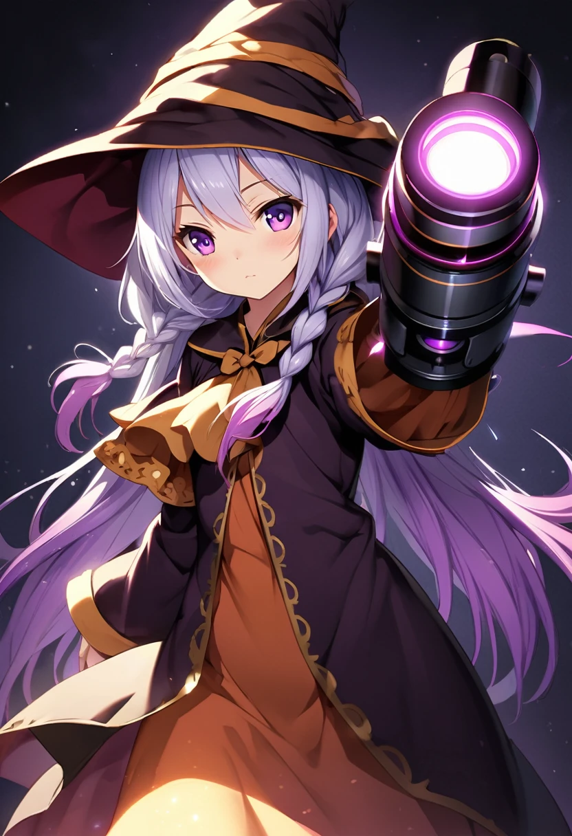 (Highly detailed 8k wallpaper), Mid shot of Loli Necromancer, yinji, (purple hair, purple eyes, long hair, white hair, double braids, gradient hair,White lace, Particle Lighting, High Detail, Dramatic, Gatling gun in hand, Clean background, wearing wizard hat,