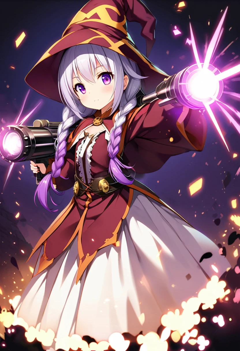 (Highly detailed 8k wallpaper), Mid shot of Loli Necromancer, yinji, (purple hair, purple eyes, long hair, white hair, double braids, gradient hair,White lace, Particle Lighting, High Detail, Dramatic, Gatling gun in hand, Clean background, wearing wizard hat,