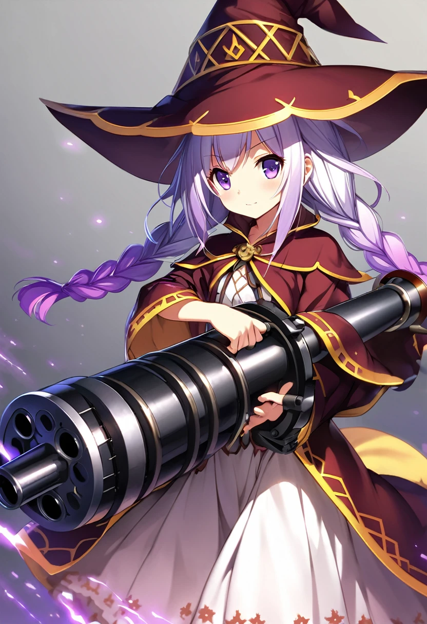 (Highly detailed 8k wallpaper), Mid shot of Loli Necromancer, yinji, (purple hair, purple eyes, long hair, white hair, double braids, gradient hair,White lace, Particle Lighting, High Detail, Dramatic, Gatling gun in hand, Clean background, wearing wizard hat,