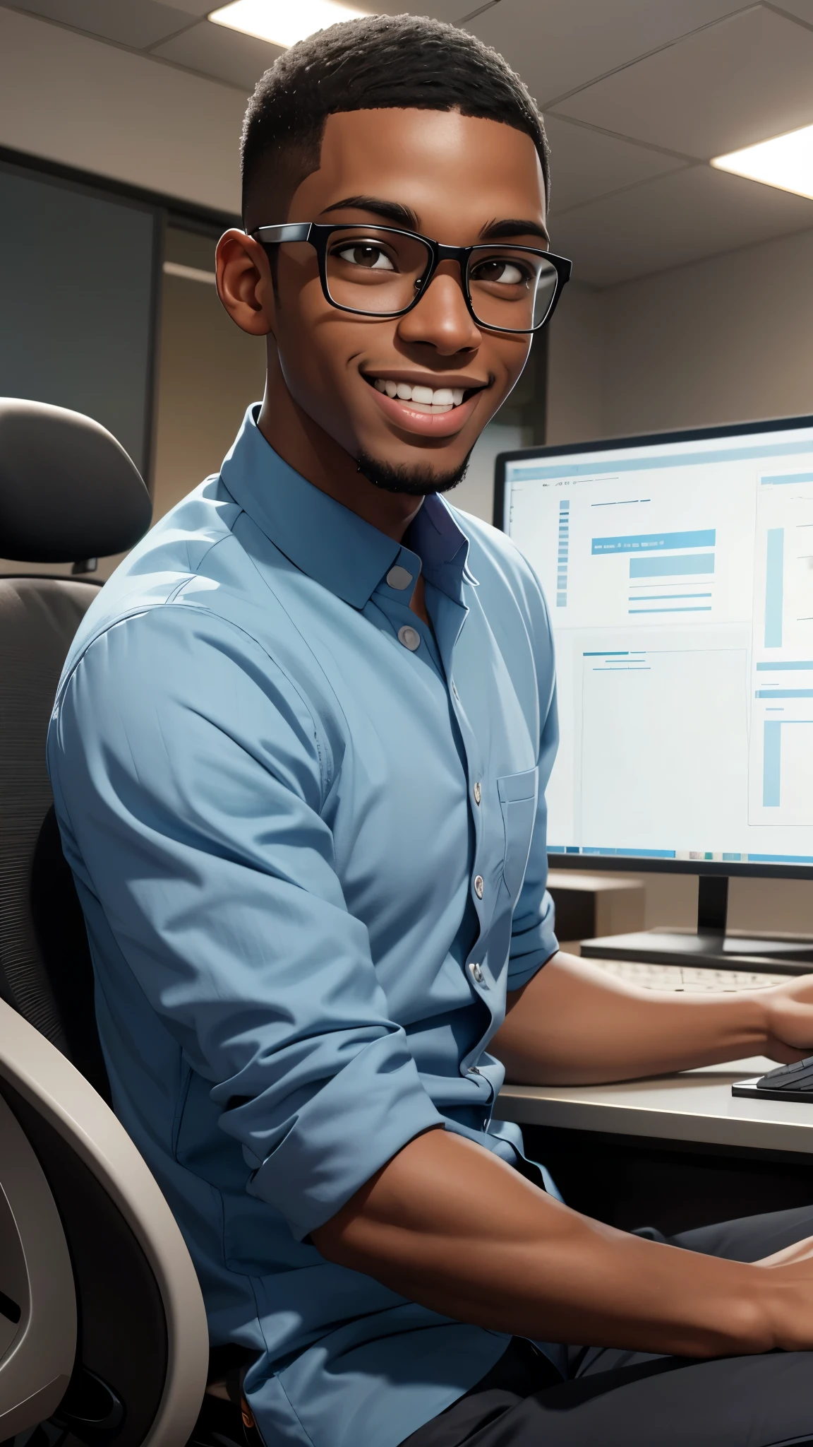 one black male, buzzcut very short, glasses, in front of computer, studying, happy, excited