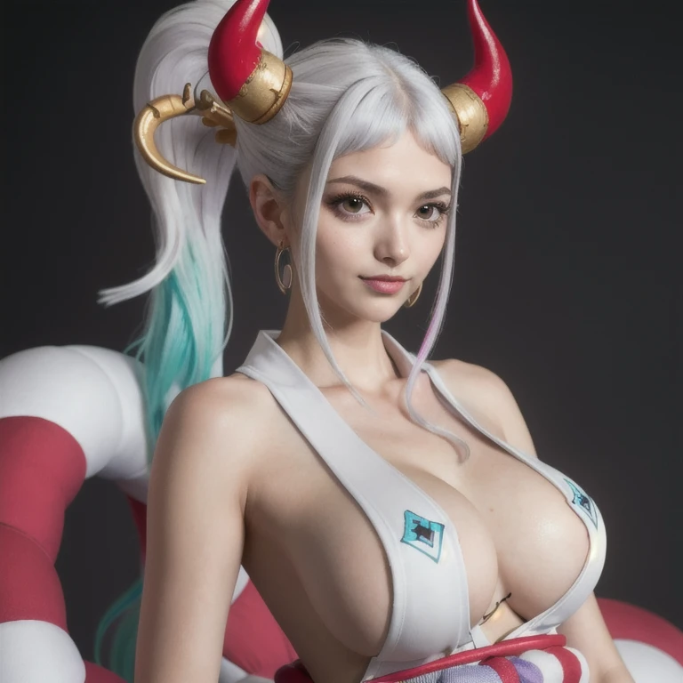 best quality,masterpiece,8k wallpaper,absurdres, highres, ultra detailed, (ung beautiful girl, solo:1.1),yamato (one piece), huge breasts,sideboob, horns, shimenawa,top nude, rope, multicolored horns, multicolored hair, long hair, top nude kimono,curled horns, hair stick, earrings, red horns, hair ornament, jewelry,bare arms, smile, sleeveless,oni,bare shoulders, large breasts, brown eyes, white hair, aqua hair, collarbone, hakama, two-tone hair, sidelocks, high ponytail, upper body, v-shaped eyebrows,