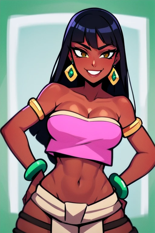 1girl,solo,loincloth,bandeau,chel \(the road to el dorado\),dark-skinned female, black hair, long hair, (Wearing: tube top, loincloth, emerald bracelet's and golden earrings:1.2), collarbone, bare shoulders, medium breasts, cleavage, midriff, wide hips, upper body, hands on hips, looking at viewer, she's looking at the camera with a flirtatious smile