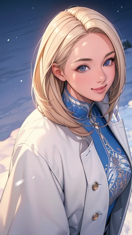 (masterpiece), (best quality), 1girl, (perfect face:1.2), (beautiful face:1.2), platinum blonde hair, (from above, upper body:1.3), happy, light smile, looking at viewer, pose,
winter coat, outdoors, winter, snow, night time, intricate, depth of field, cinematic lighting,