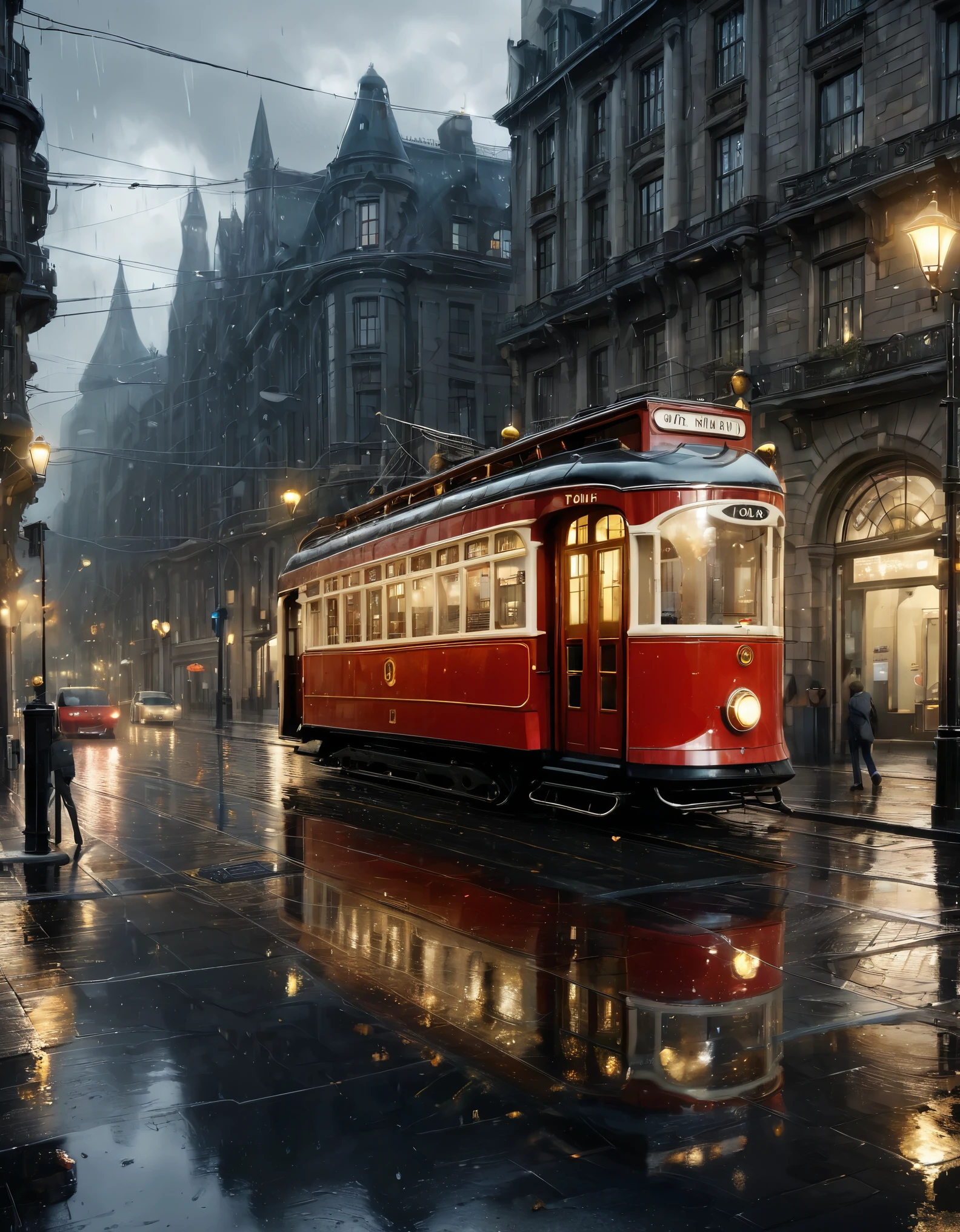 a rainy urban street scene. In the center, there is a vibrant red vintage tram with a glowing headlight, reflecting on the wet cobblestone street. The tram is surrounded by tall, old buildings with darkened windows and intricate architectural details. The street is bustling with activity; a few pedestrians holding umbrellas walk along the sidewalks, their reflections also visible on the wet ground. The atmosphere is moody and dramatic, with a blend of warm and cool tones from streetlights and storefronts. Raindrops are falling, creating a shimmering effect on the ground and softening the overall scene. The image has a dreamlike quality, with a hint of impressionism, emphasizing the reflections and the play of light and shadow. (complementary colors:1.2), (sharp focus:1.1), (Unreal Engine 5:1.2), (CGI:1.2), (high quality:1.2), (4K:1.1), (volumetric lighting:1.2), (highly detailed:1.3), (bloom:1.1), (micro details:1.2), (masterpiece:1.3), (luminescent:1.1), (aesthetic:1.3), (beautiful:1.3), (HDR:1.2), (dynamic composition:1.2), (captivating atmosphere:1.2), (immersive experience:1.3), (innovative design:1.2), (cinematic excellence:1.3), (timeless elegance:1.1), (visual storytelling:1.2), (technological marvel:1.2), (artistic finesse:1.3), (ethereal beauty:1.1), (creative brilliance:1.2)