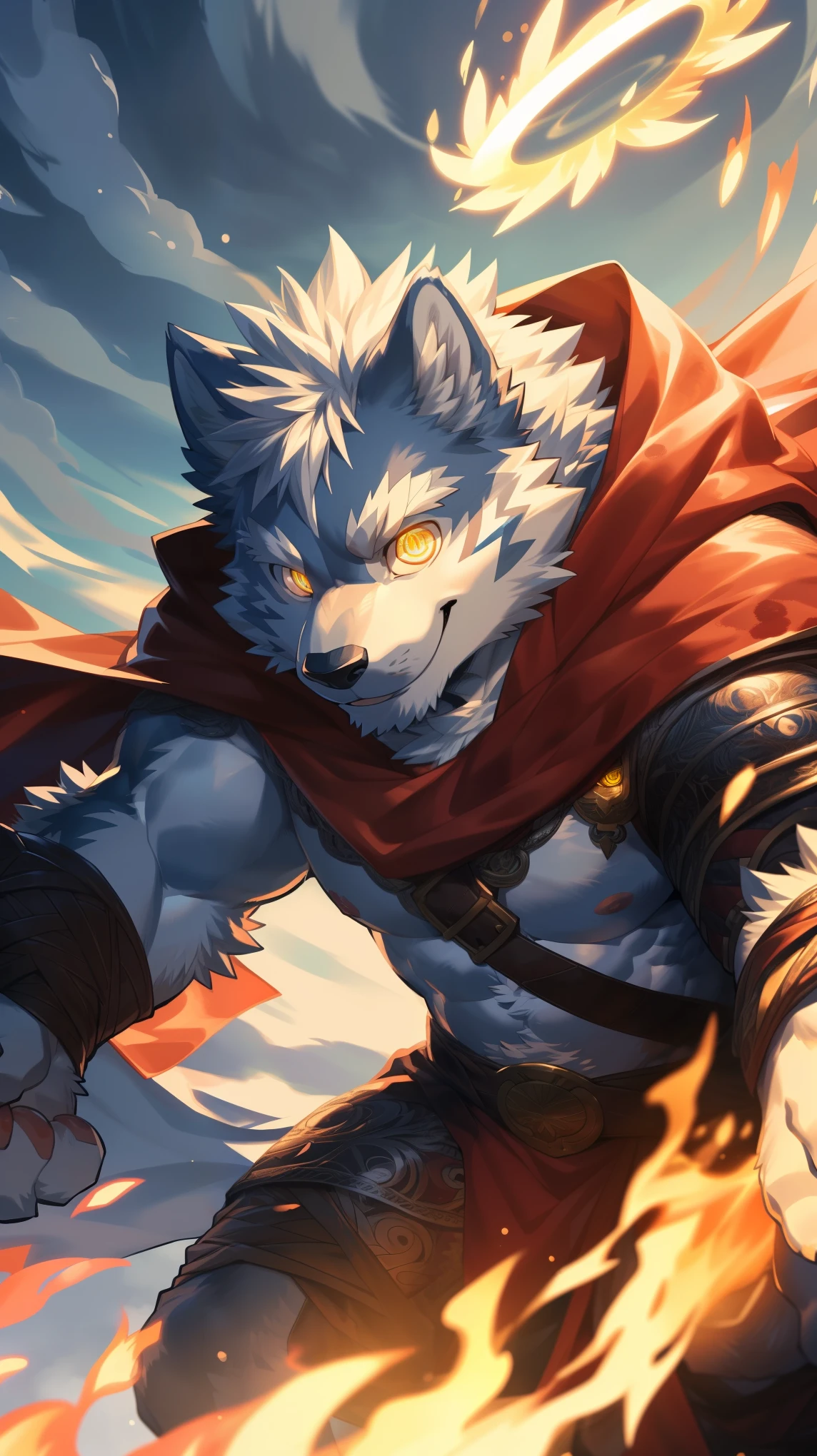 (Dynamic poses:1.6), (ultra deTailed), Clear focus, Niji, Eye contact, (glowing golden pupils:1.4), hairy, (Silver fur:1.3), White beard, anthropology (Wolf), male, middle aged, White belly, Tail, muscular, (knight clothing, Golden long cape), ultra deTailed face, high deTails, high quality, (best quality, 4k, 8K, High resolution, masterpiece:1.2), Bright colors, (close up:1.5), author：Takemoto Arashi, By Camille, From milkytiger1145, by 69panda, Dark Souls boss style, Flames burning around the body, (Red Halo:1.3), Bloodstained, Dynamic Lighting, Mysterious atmosphere, Thick fog, The existence of threats, Full of mysterious atmosphere, Dark and Burning Souls, (enchanted deTail of colors), 8K wallpaper, yang08K, Looking at the audience with a mysterious smile