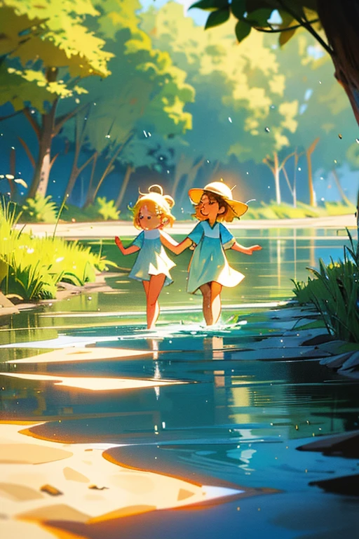 Group of cheerful children, adorned in swimsuits and sandals, splashing joyfully along the sandy riverbank amidst the serene quiet village. A gentle stream meanders through the scene, its crystal-clear waters shimmering under the dappled sunlight filtering through leafy trees above. The children, with sun-kissed cheeks and laughter-filled eyes, build sandcastles and make waves, creating magical moments that will linger in their memories forever.