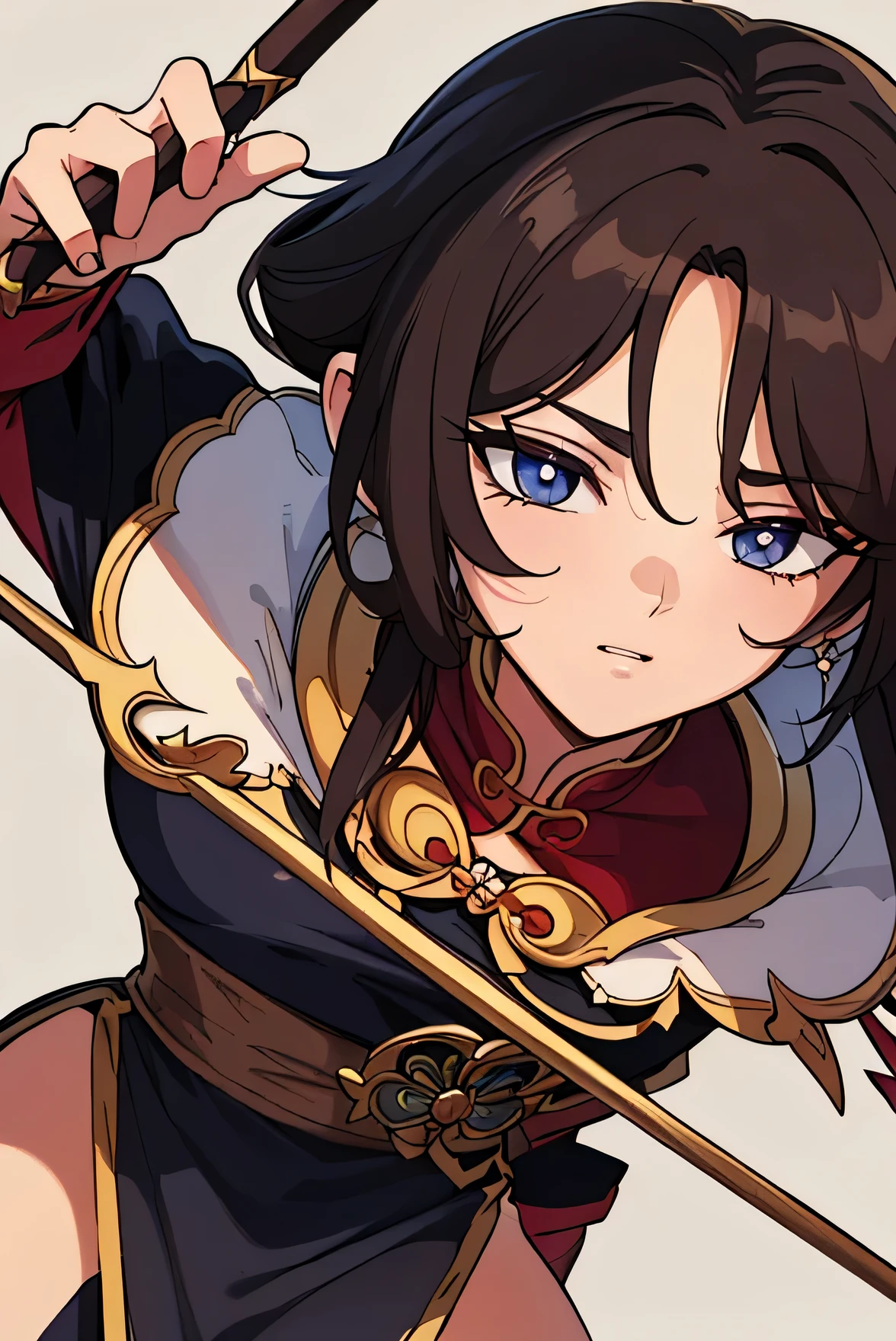 (Best Quality, 8k, Masterpiece :1.3), handsome young man with perfect figure and long hair :1.4, Zhong Li, Zhongli, Dark brown hair, genshin impact, on ruins, in the hands of a spear, Very detailed face and skin, Detailed eyes, Double eyelid