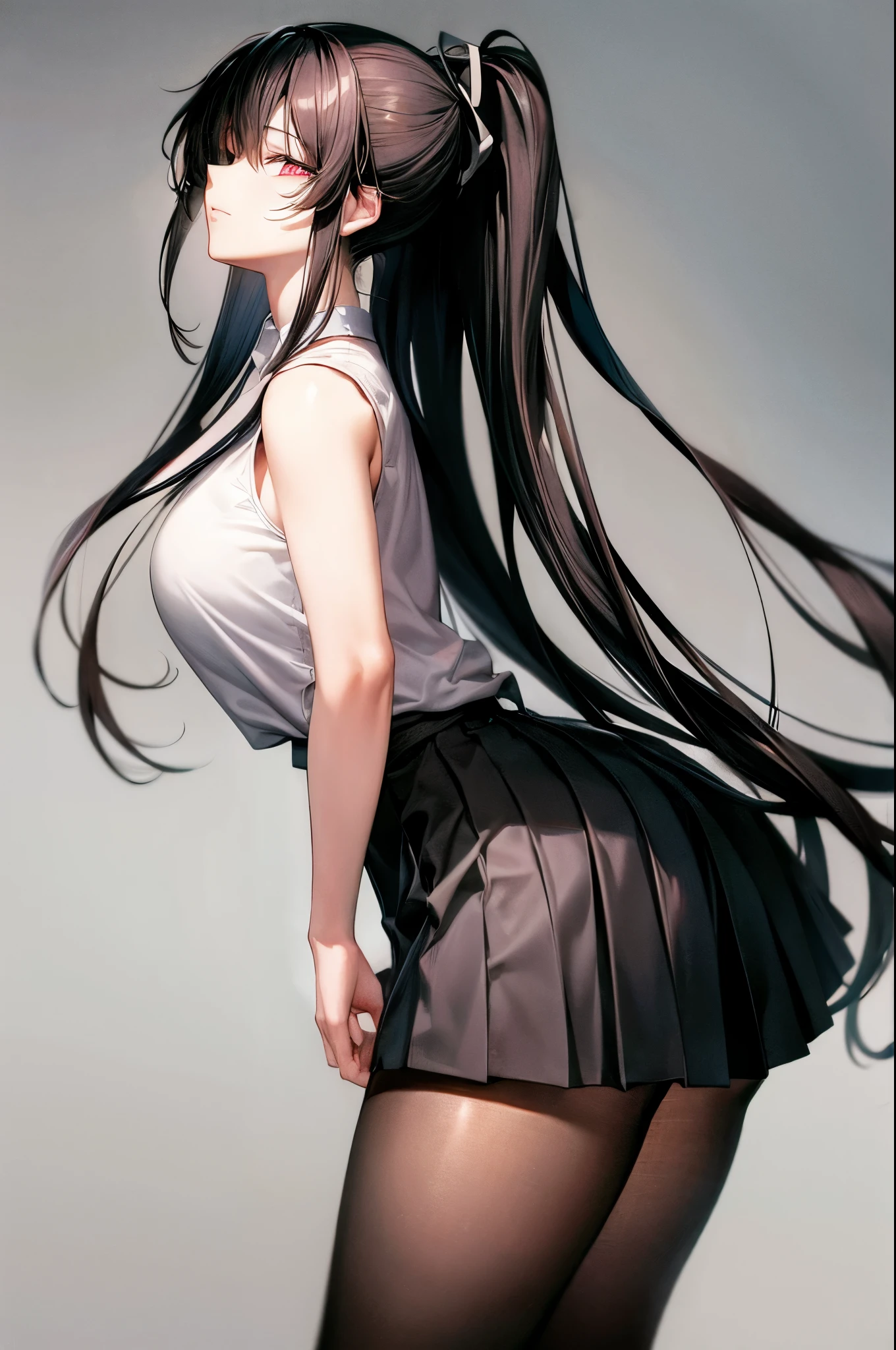 8K, drawn, masterpiece, high quality, highres, best quality, highres, 1girl, disheveled hair, illustration, focus on face, simple background, long hair, stockings, black hair, hair between eyes, calm, long bangs, ponytail, hair tie, crimson red eyes, large breasts, very long hair, breasts, perfect face, perfect legs, pleated skirt, full lips, arch back, greyscale, add_detail:1