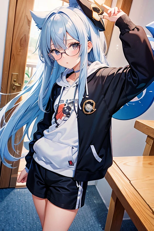 Angelic French doll, stocky, light colored hoodie, in short pants, blue hair ,messy long hair, (anime: 1.2), Wear glasses, asymmetrical bangs, (masterpiece: 1.2), Tengu, fortune teller