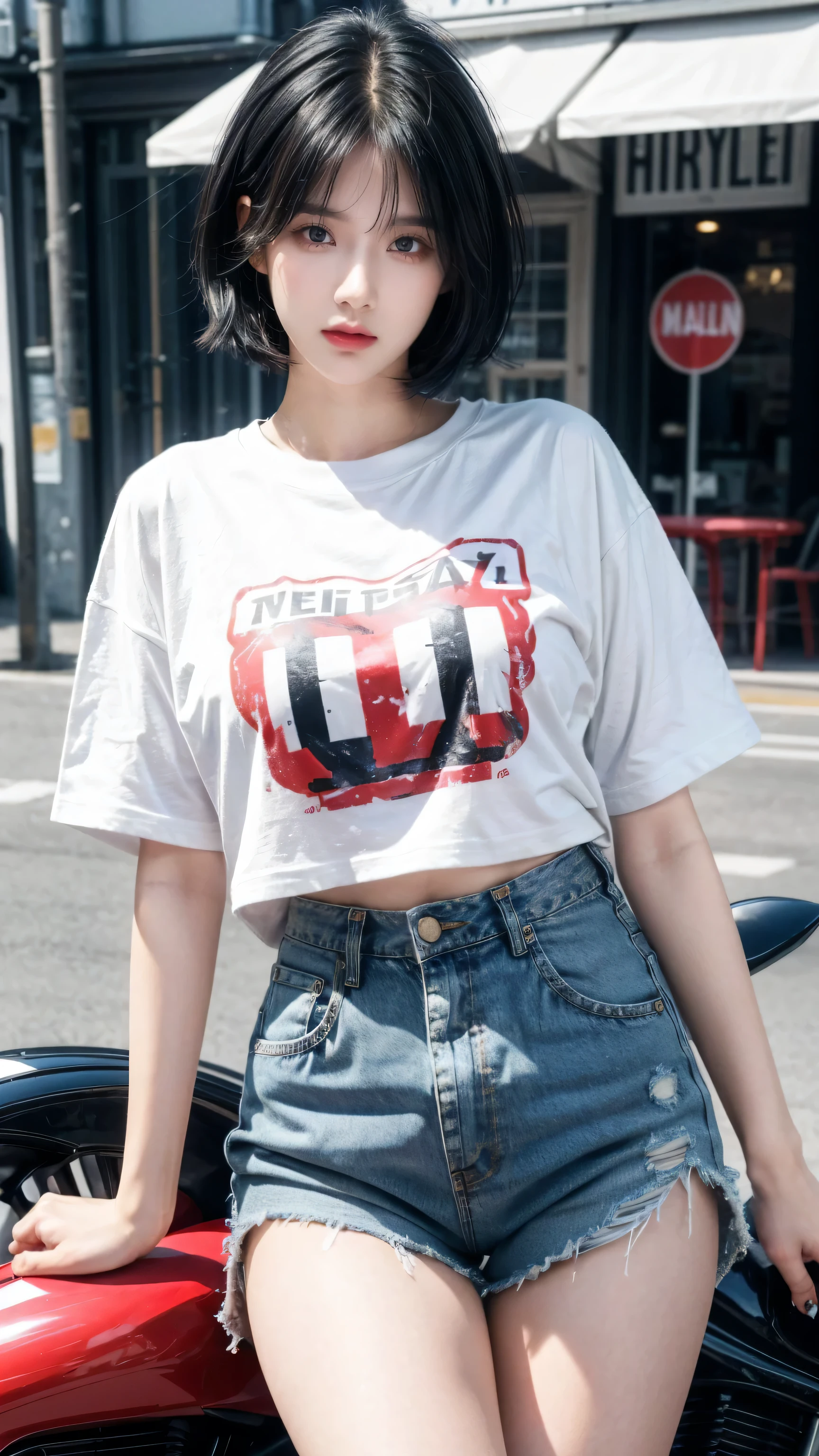 best quality, 1 Girl, dark blue hair, black eyes, Very short hair, Spiky hair, white and red TEXT oversize t-shirt, High waist short jeans, 171 cm, Messy hair, Hair between the eyes, Medium breasts, full, Tomboy, aldult, 20 years old, 1 Girl near red motorcycle , at the seaport