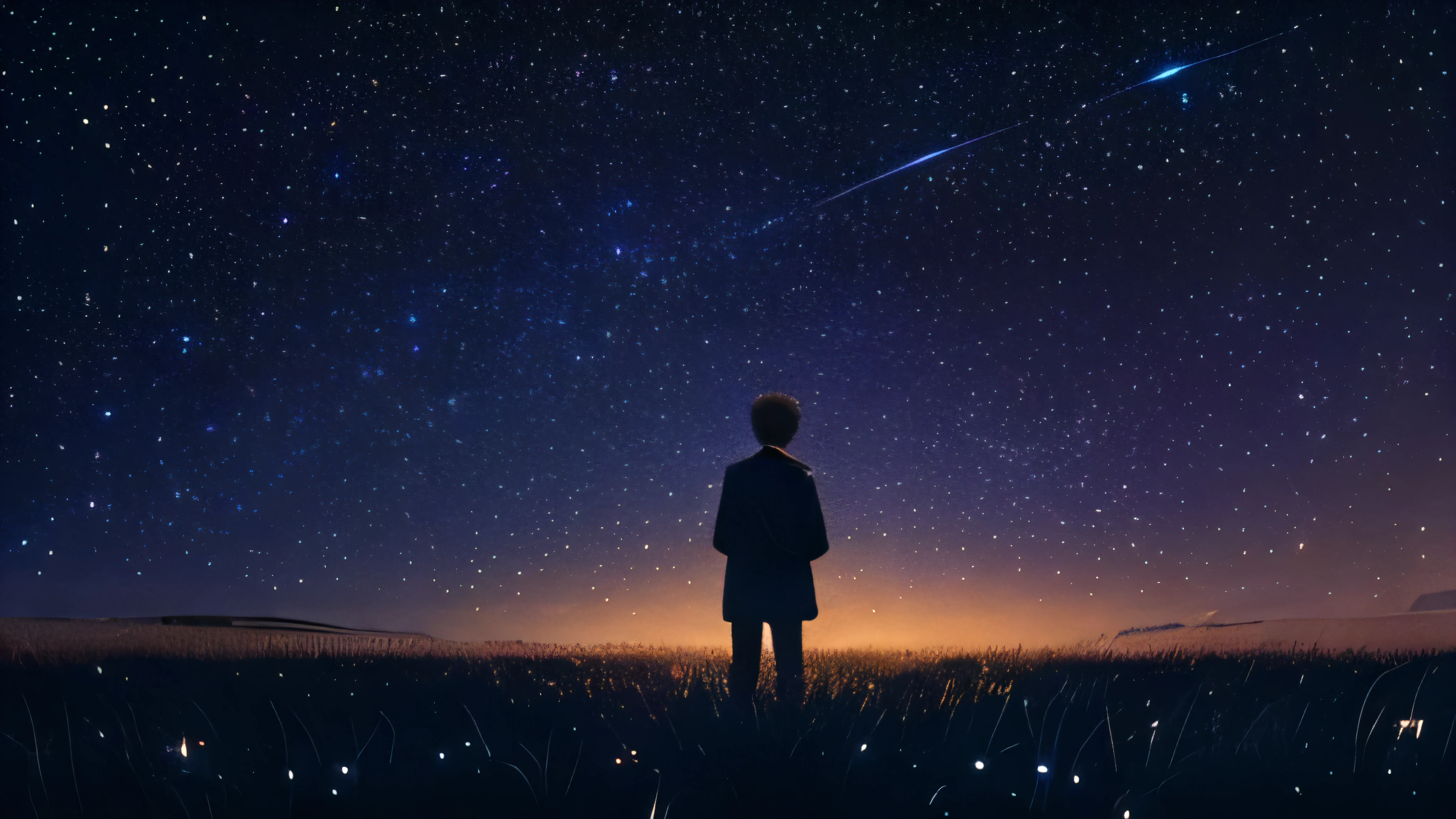 (masterpiece, cinematic:1.3), (scene from a movie:1.2), (boy gazing at starry sky with galaxies:1.2), (silhouette of the boy:1.2), (capturing the awe and wonder of the universe:1.2), (vast expanse of stars and cosmic beauty:1.2), (evoking a sense of awe and contemplation:1.3), (moody lighting enhancing the atmosphere:1.2), high-quality cinema camera with a wide-angle lens