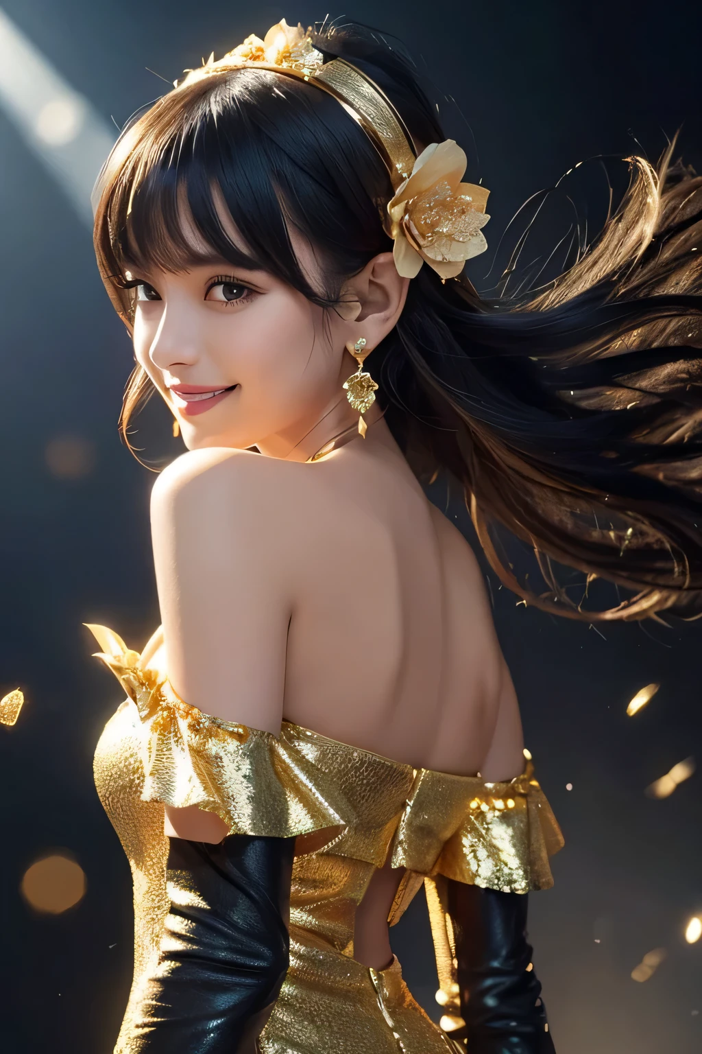 Jolbria, Angel Wings, Beautiful woman, (Realistic), Backlight, Black background, black dress, black gloves, Black Hair, smile, Cowboy Shot, dress, Earrings, Floating Hair, gloves, gold Earrings, gold hair band, Hair Flowers, hair ornaments, ((hair band)), jewelry, Particles of light, Long Hair, Look Viewer, off-the-shoulder dress, Off the shoulder, petal, Side Lock, alone, spike, Beautiful dress, Double-sided fabric, ((masterpiece))  