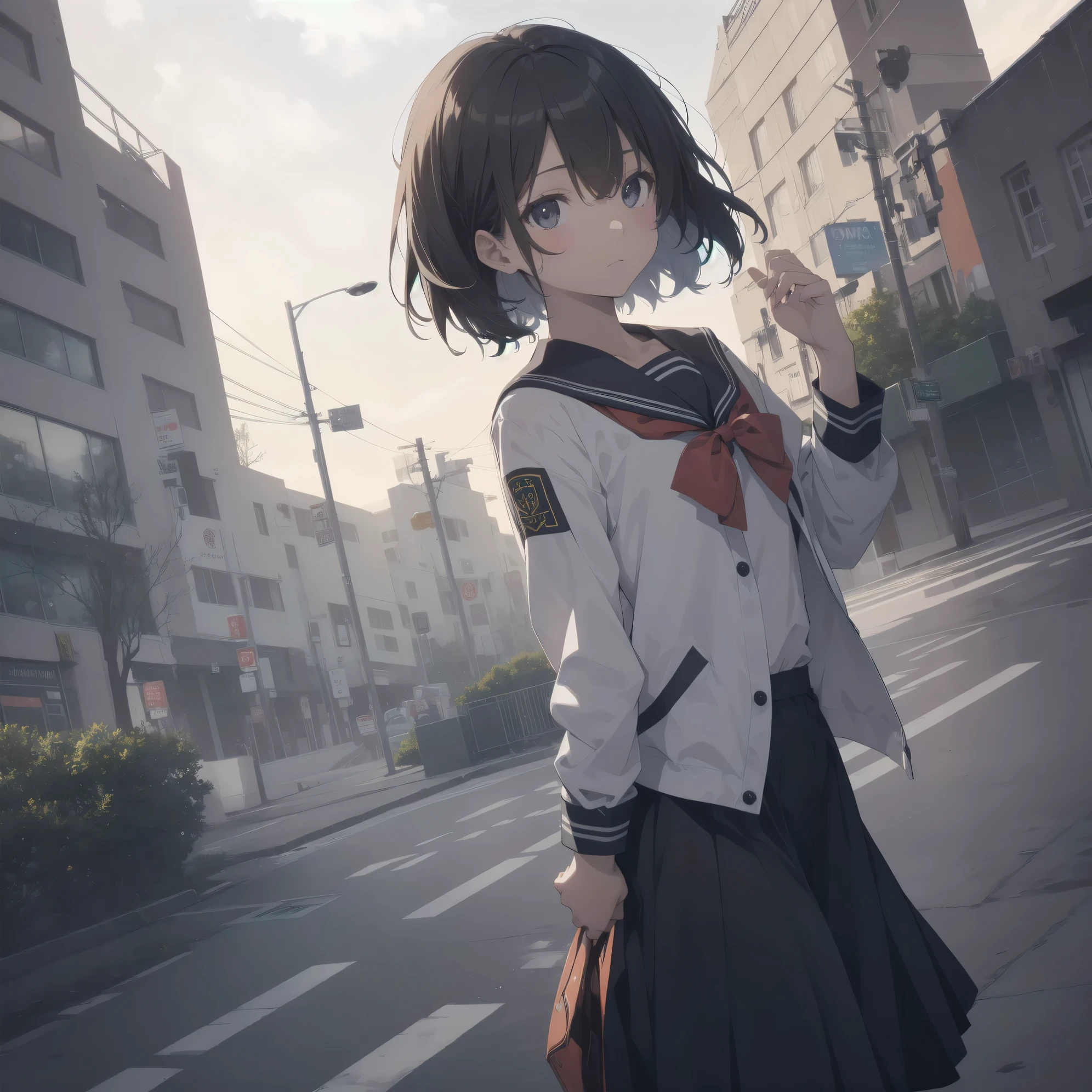 ultra-absurdres-Top quality by artist God, ultra-detailed, high resolution, anime moe artstyle, best anime 8k konachan wallpaper, pixiv contest winner, pool:2810, perfect ???????,break, 1girl, (Please draw a girl walking sleepily to school alone. )break,(Solo,little female, 13-year-old:1.3),Full limbs, complete fingers,a junior high school student, (very short hair), short cut, flat chest, , small butt, small black eyes, beautiful detailed eyes, well-proportioned iris and pupils, expressive eyes, highres detailed hair, soft expression, salor school_uniform, sailor collar, serahuku, bow, pleated skirt,(Detailed Lighting), (Detailed background), in the School commute route. break,super detailed skin, Best cinematic lighting powered by famous artist, 8k,beauty illustration,photoshop_(medium),very aesthetic,break,((artist:drawfag )), artist:clamp ,artist:carnelian ,artist:kantoku ,
