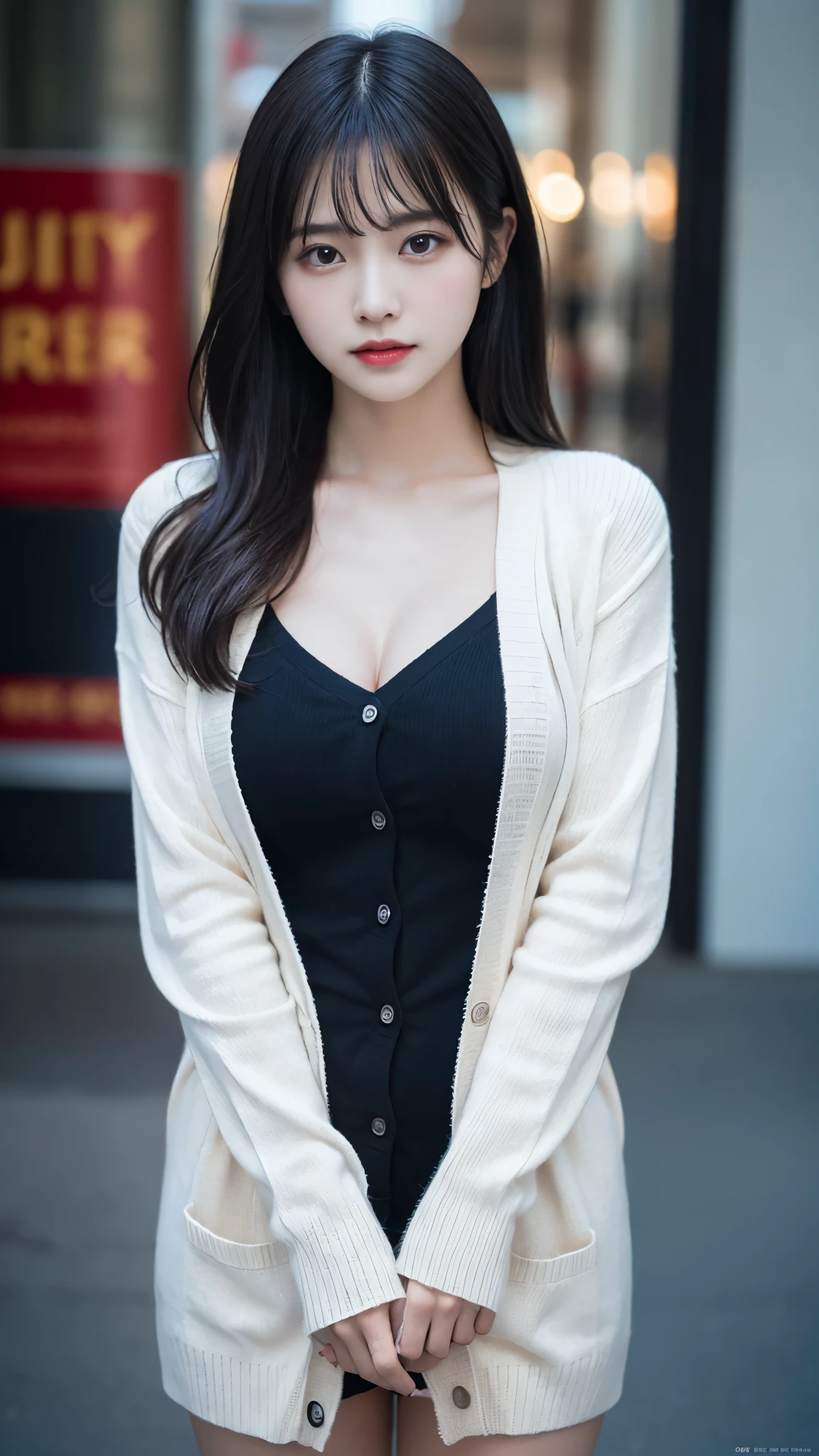 masterpiece, highest quality, Ultra-high resolution (Reality: 1.4), Original photo, 35mm lens, Aperture f1.4, Movie Posters, Light and shadow, girl, (Naked with a white cardigan),Big Breasts, Long black hair, Real Skin, (Skin Details: 1.3),