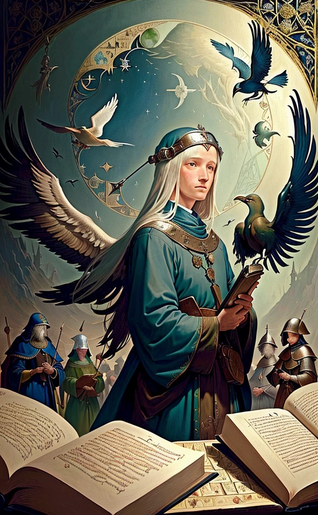 there are a lot of birds around the book, science fantasy painting, fantasy book illustration, high fantasy illustration, Hieronymus Bosch style, Hieronymus Bosch style, Hieronymus Bosch and Moebius, Illustration of a medieval manuscript, Bosch's heir, Alchemical, Medieval Futurism, Medieval illumination, Medieval Book Illustration, Medieval illustration, Alchemical equipment, Jean Fouquet
