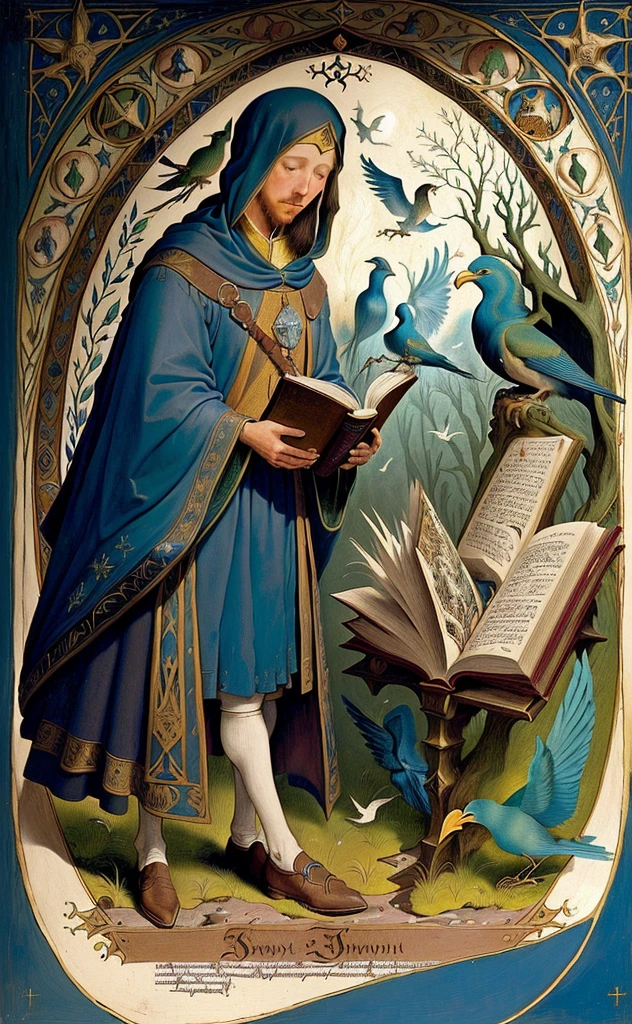 there are a lot of birds around the book, science fantasy painting, fantasy book illustration, high fantasy illustration, Hieronymus Bosch style, Hieronymus Bosch style, Hieronymus Bosch and Moebius, Illustration of a medieval manuscript, Bosch's heir, Alchemical, Medieval Futurism, Medieval illumination, Medieval Book Illustration, Medieval illustration, Alchemical equipment, Jean Fouquet