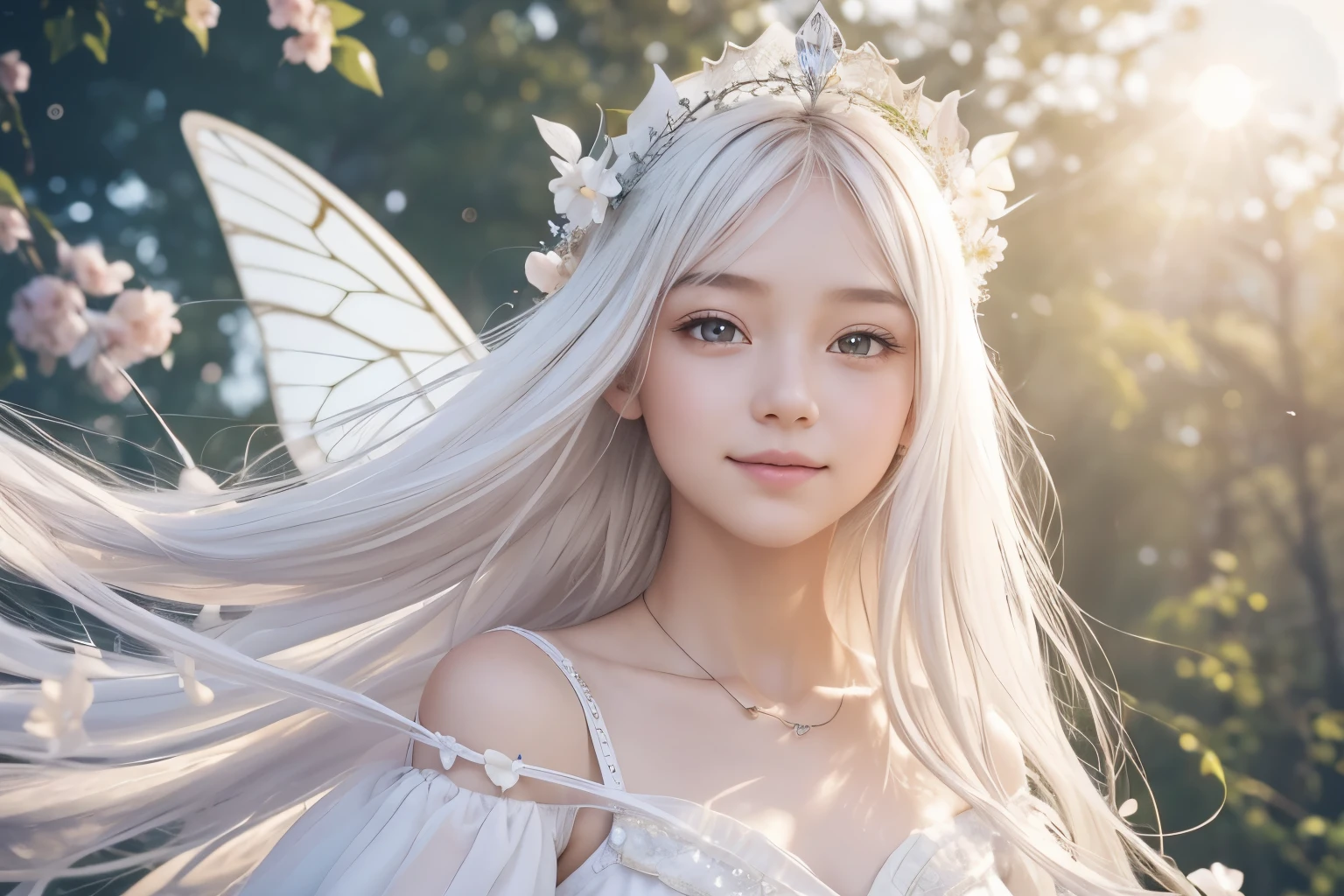 White Witchのコスチュームを着た妖精,1 Fairy,Flower Fairy,butterfly々,butterflyの羽,Flower Hair Ornaments,妖精Wings of a,Fairy Wings,Fairy Wings根,Lolitar,12歳のGirl,Young,Transparency,happiness,Smile,smile,happy,White skin,Lip gloss,Realistic, 35mm, Intricate details, High resolution, Intricate details, Ultra-detailed, Natural skin texture, Hyperrealism, sharp, 1 girl, Girl (Elf:0.7) ,woman, Magical Land,pastel colour,Portraiture, look up,alone, Half Shot, White clothing,Detailed Background, ,White Witch,White Hat,Witch Hat, White Witch, Magical atmosphere, Hair blowing in the wind,Silky Hair,Cream colored hair,Shiny Hair,Light pink hair,Light-colored clothing with white trim, Magic Whirlwind, Sparkling,shine,Light background,noon,sun,Pop Art,White magic, (Style - Swirl Magic:0.8), Suspended particles,Light Powder,Thin eyebrows,Thin eyebrows,light makeup,Natural Makeup,Wavy Hair,Semi-long hair,瞳のshine,butterfly々Wings of a,Childish,A gentle gaze,love,aura